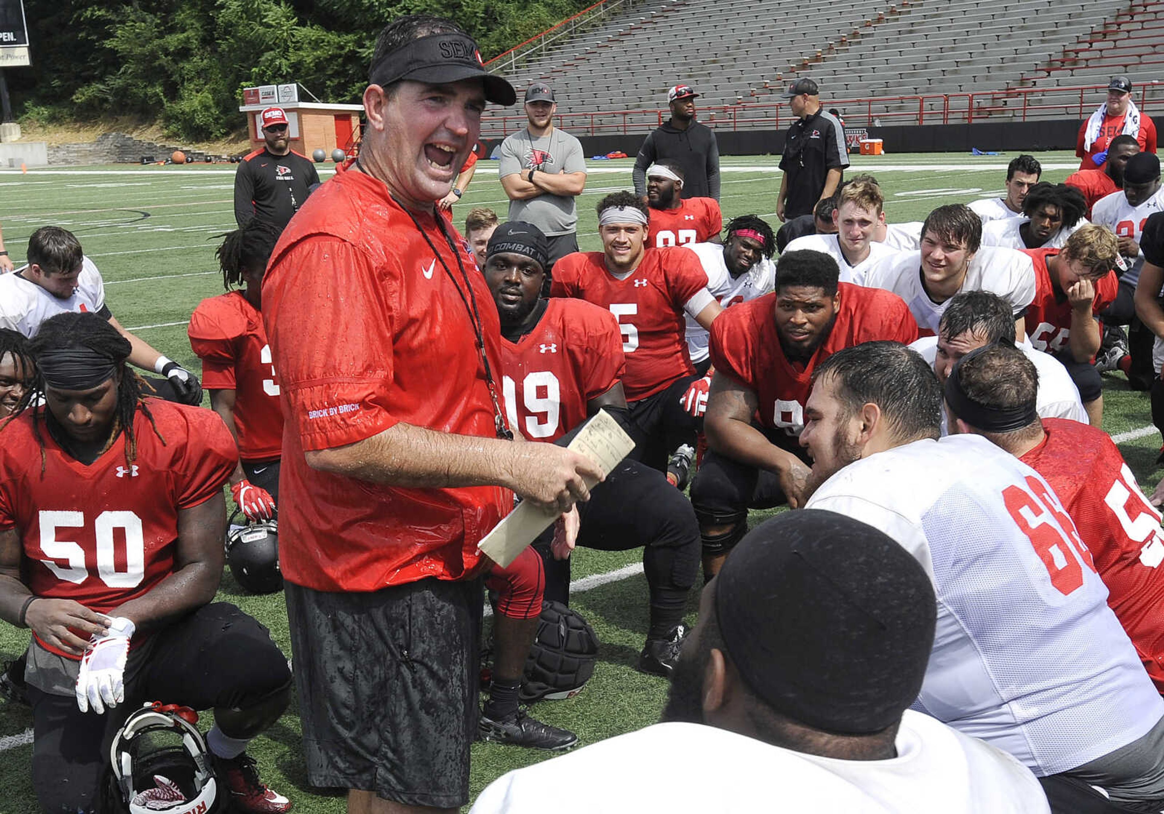 FRED LYNCH ~ flynch@semissourian.com
Southeast Missouri State coach Tom Matukewicz talks to his team after the last preseason scrimmage Saturday, Aug. 18, 2018 at Houck Field.