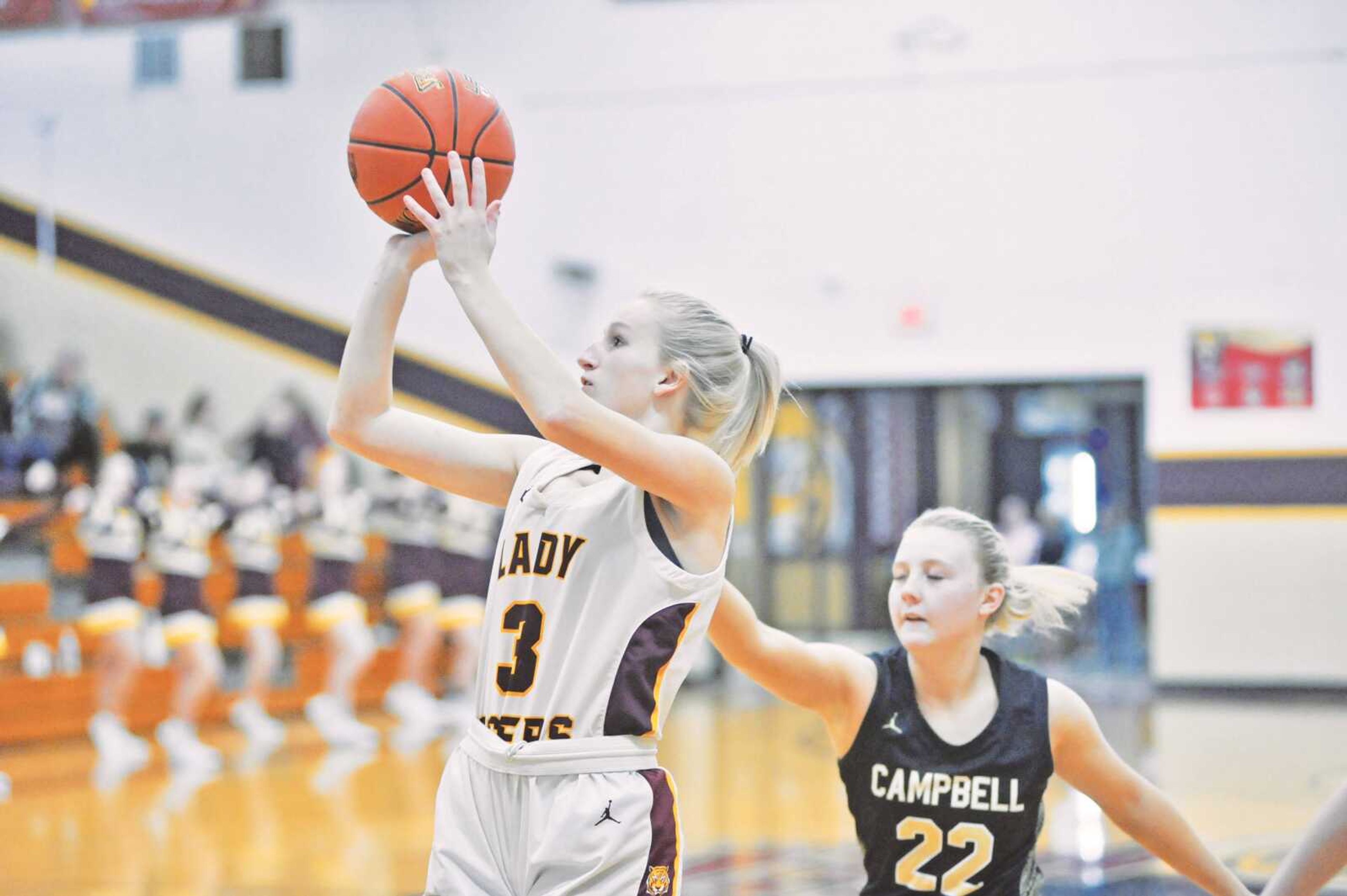 Neelyville�s Addison Couch shoots a jumper during the first half of the Lady Tigers� win over Campbell on Tuesday at NHS. 