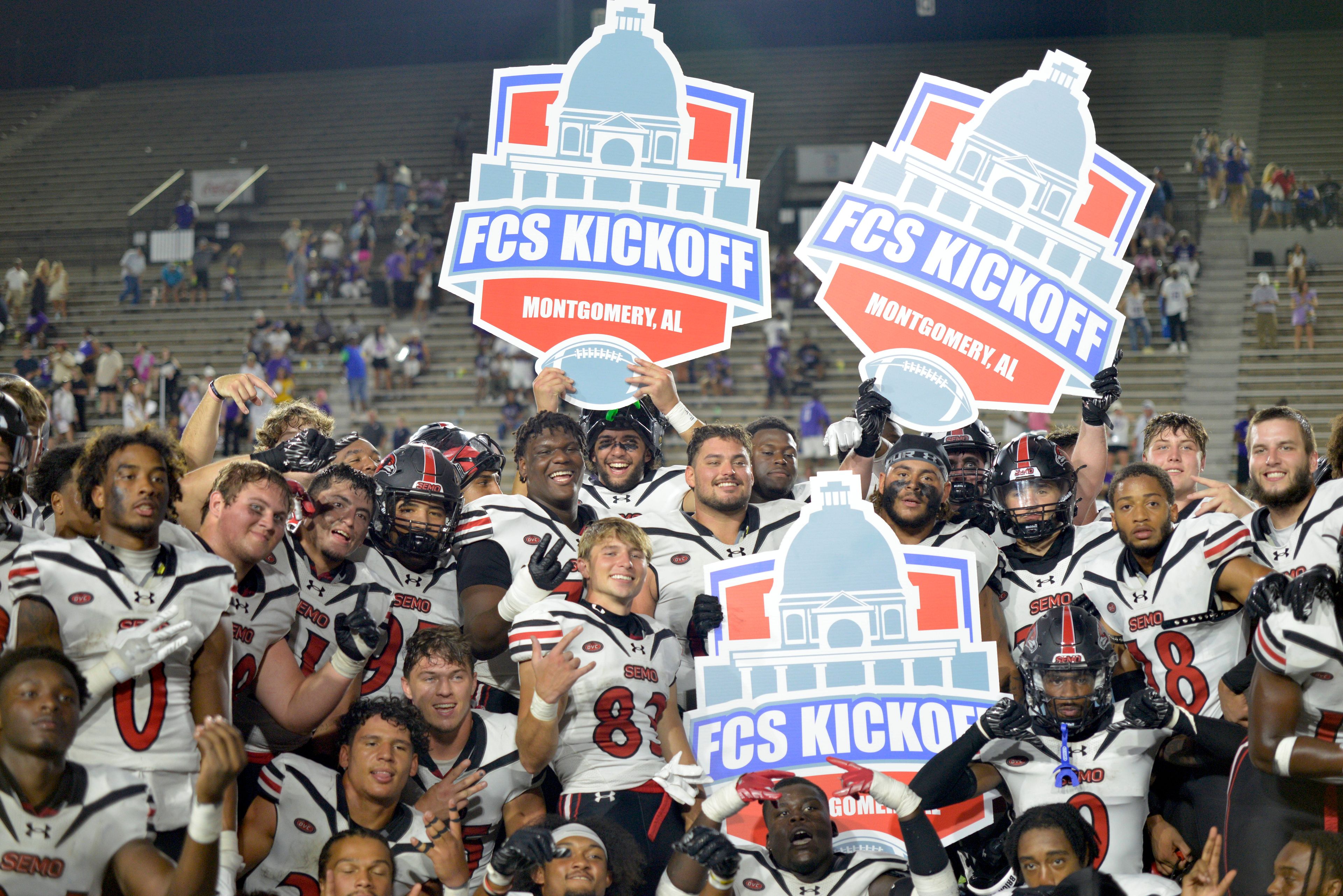 Southeast Missouri State players celebrate winning the FCS Kickoff against North Alabama on Saturday, Aug. 24, in Montgomery, Alabama.