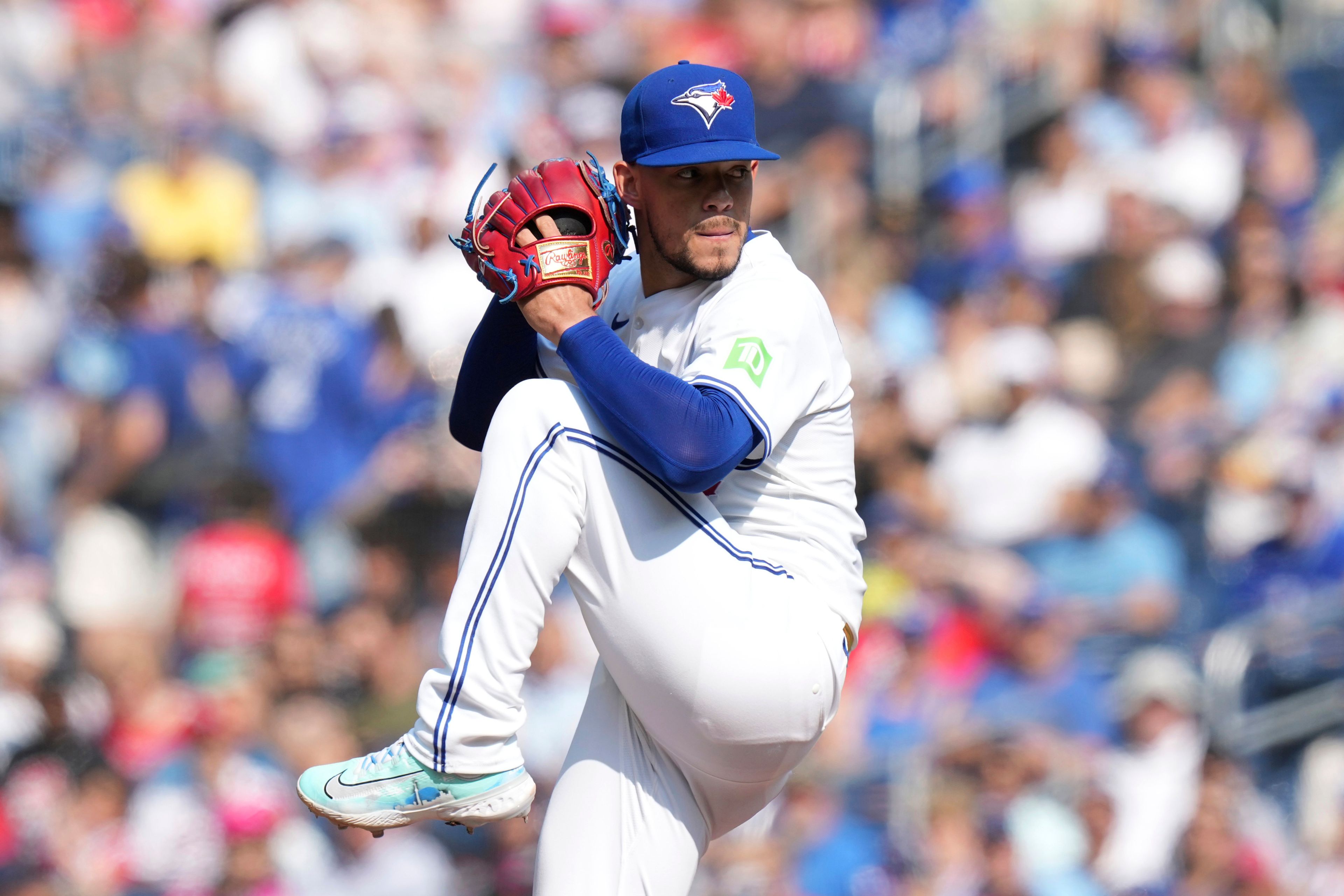 Toronto Blue Jays pitcher José Berríos works against St. Louis Cardinals during first inning interleague MLB baseball action in Toronto, Saturday Sept. 14, 2024. (Chris Young/The Canadian Press via AP)