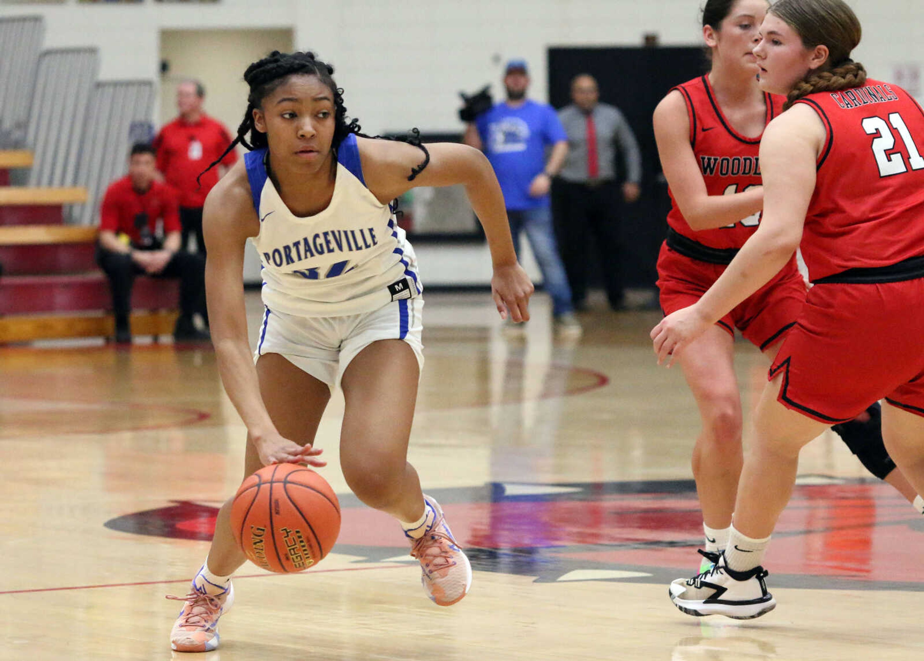 Portageville's Amiyah Saxton (34) drives&nbsp;during a 61-25 win over Woodland in a MSHSAA Class 3 Sectional at the Sikeston Fieldhouse on Monday, Feb. 28. (Dennis Marshall/Standard-Democrat)