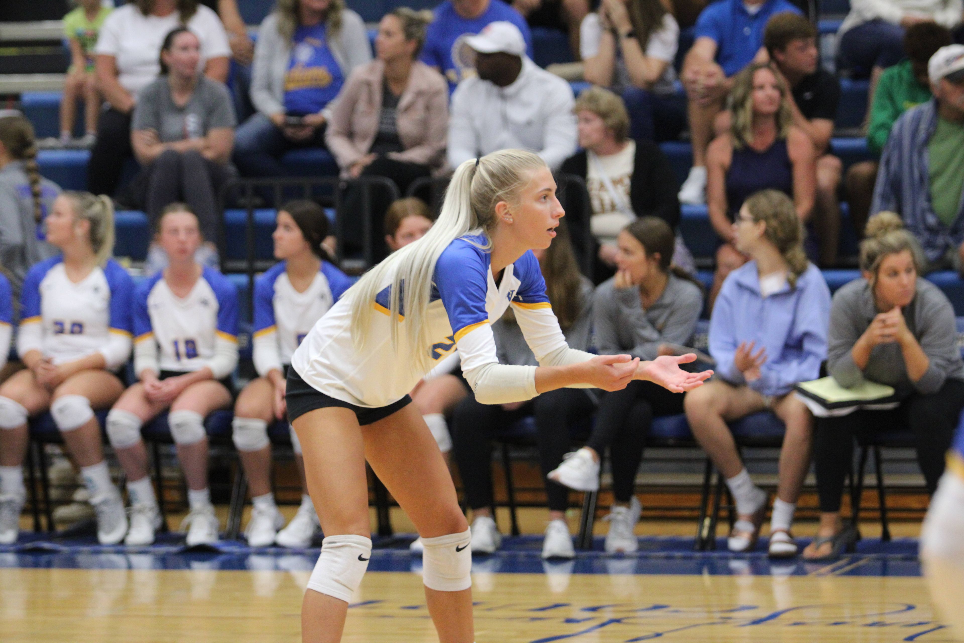 St. Vincent's Kate Rubel waits on the ball during the Wednesday, September 18 game between the Indians and Notre Dame at Notre Dame Regional High School in Cape Girardeau, Mo. 