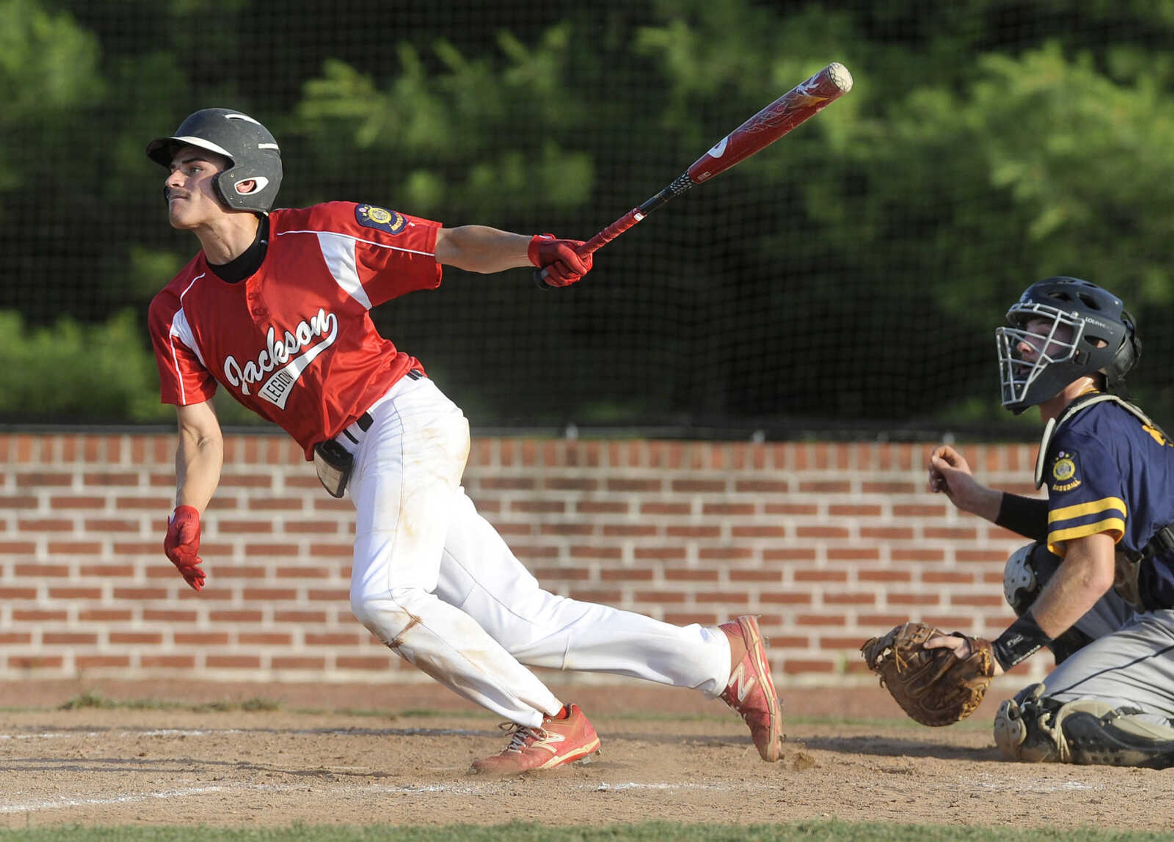 FRED LYNCH ~ flynch@semissourian.com
Jackson Senior Legion's Justice Crosnoe hits a single against Cape Girardeau Post 63 during the third inning Thursday, June 7, 2018 in Jackson.