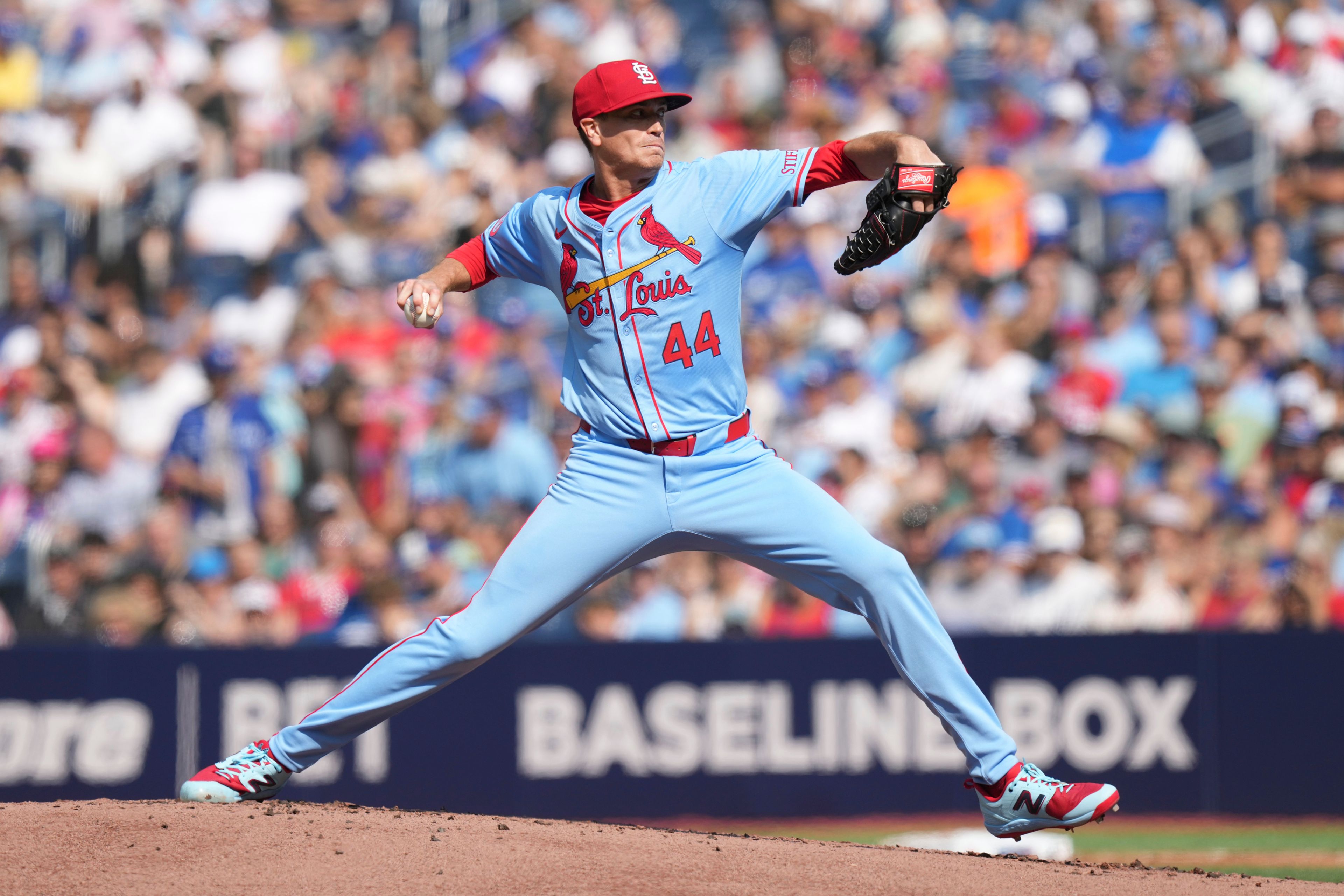 St. Louis Cardinals pitcher Kyle Gibson works against Toronto Blue Jays during first inning of a baseball game in Toronto, Saturday Sept. 14, 2024. (Chris Young/The Canadian Press via AP)