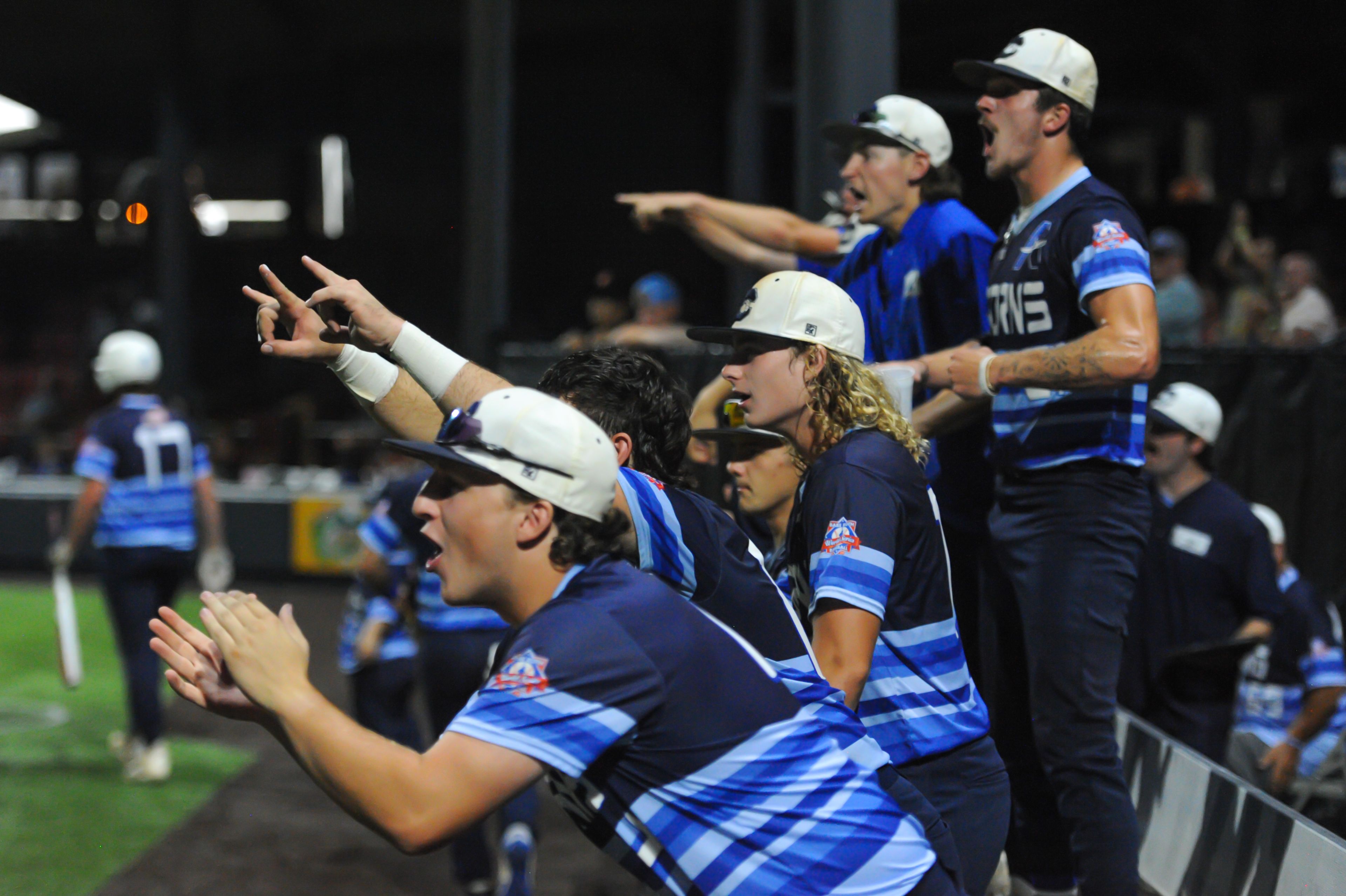 Aycorp players celebrate an Owen Osborne double during an August 14, 2024 Babe Ruth World Series game between the Aycorp Fighting Squirrels and the Altoona, Pennsylvania, at Capaha Field in Cape Girardeau, Mo. Aycorp defeated Altoona, 12-11.