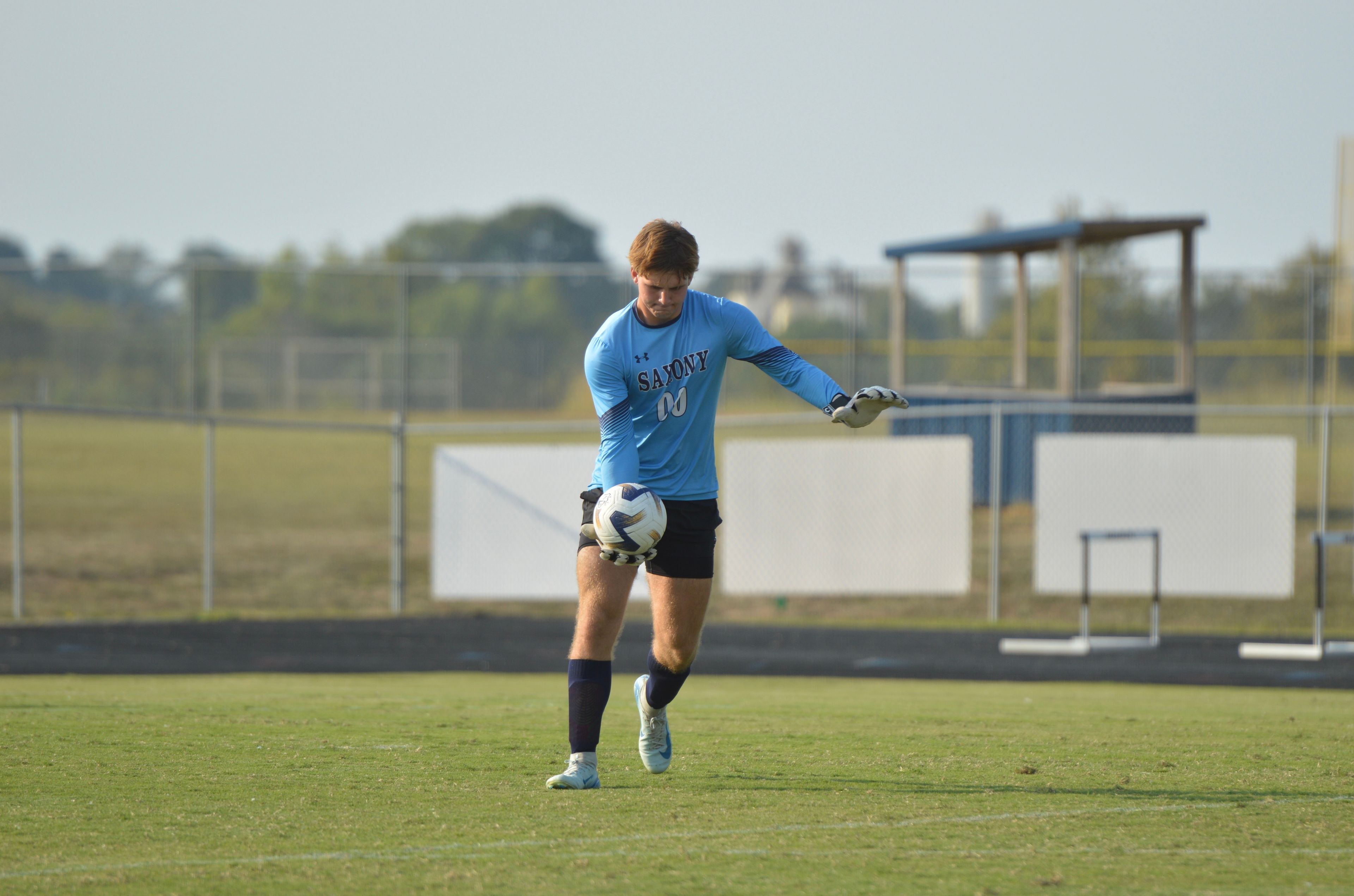 Saxony Lutheran senior goalie Owen Buchheit boots the ball downfield to his teammates against Fredericktown on Tuesday, Sept. 10.