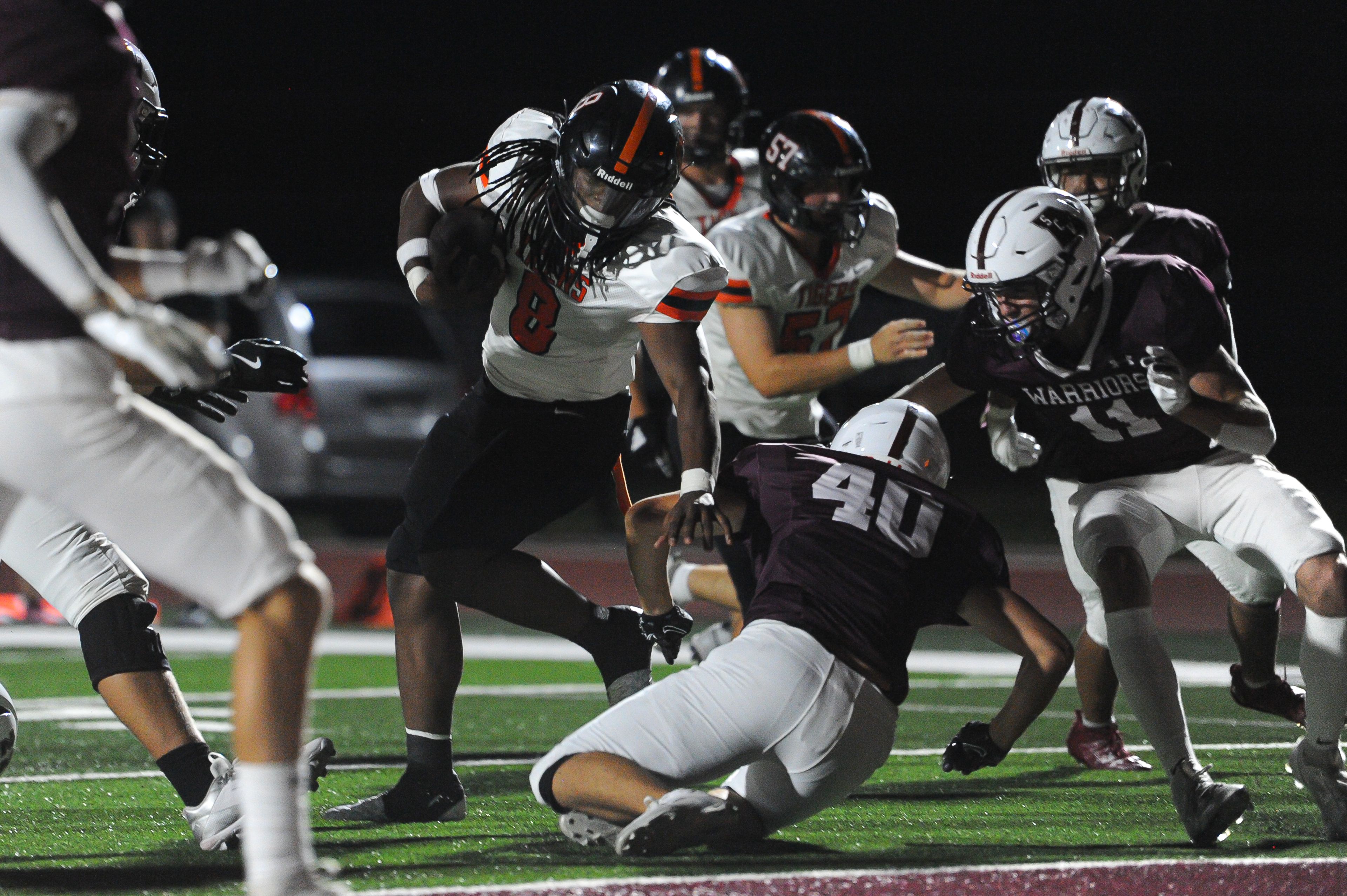 Cape Central's KeyShawn Boyd spins off a tackle during a Friday, September 6, 2024 game between the St. Charles West Warriors and the Cape Central Tigers at St. Charles West High School in St. Charles, Mo. Cape Central defeated St. Charles West, 35-0.