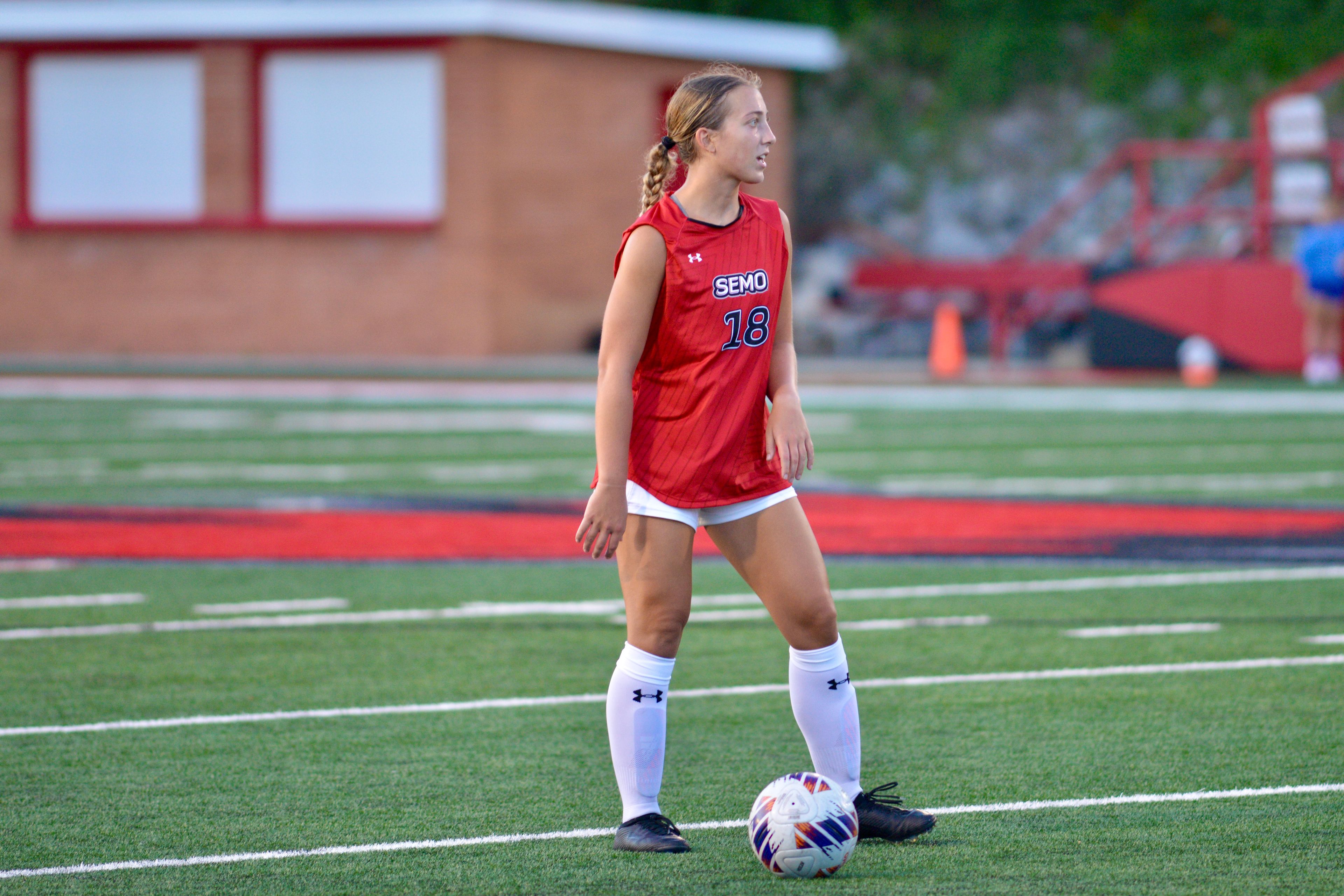 Southeast Missouri State’s Kristin Anderson stands with the ball during a soccer match against Murray State on Sunday, Aug. 18, at Houck Field. 