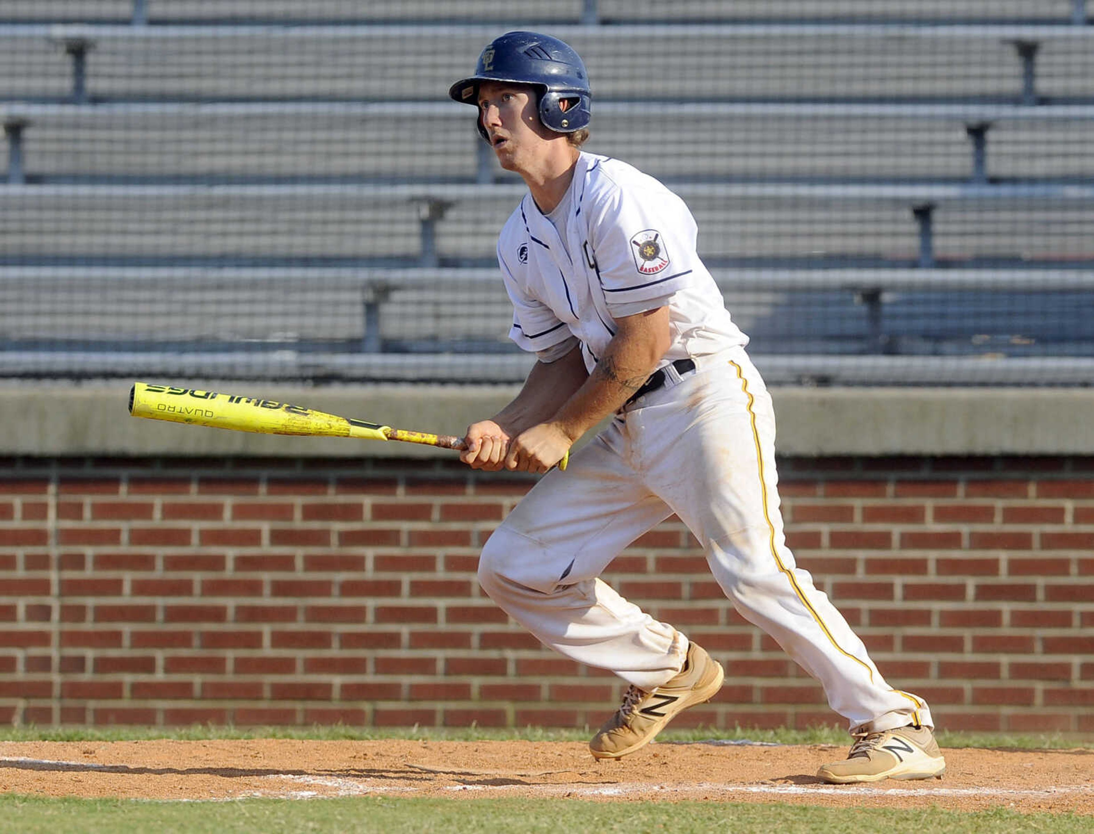 FRED LYNCH ~ flynch@semissourian.com
Cape Girardeau Post 63's Trevor Haas singles against Perryville Post 133 during the fourth inning of a quarterfinal in the Senior Legion District Tournament Thursday, July 12, 2018 in Sikeston, Missouri.