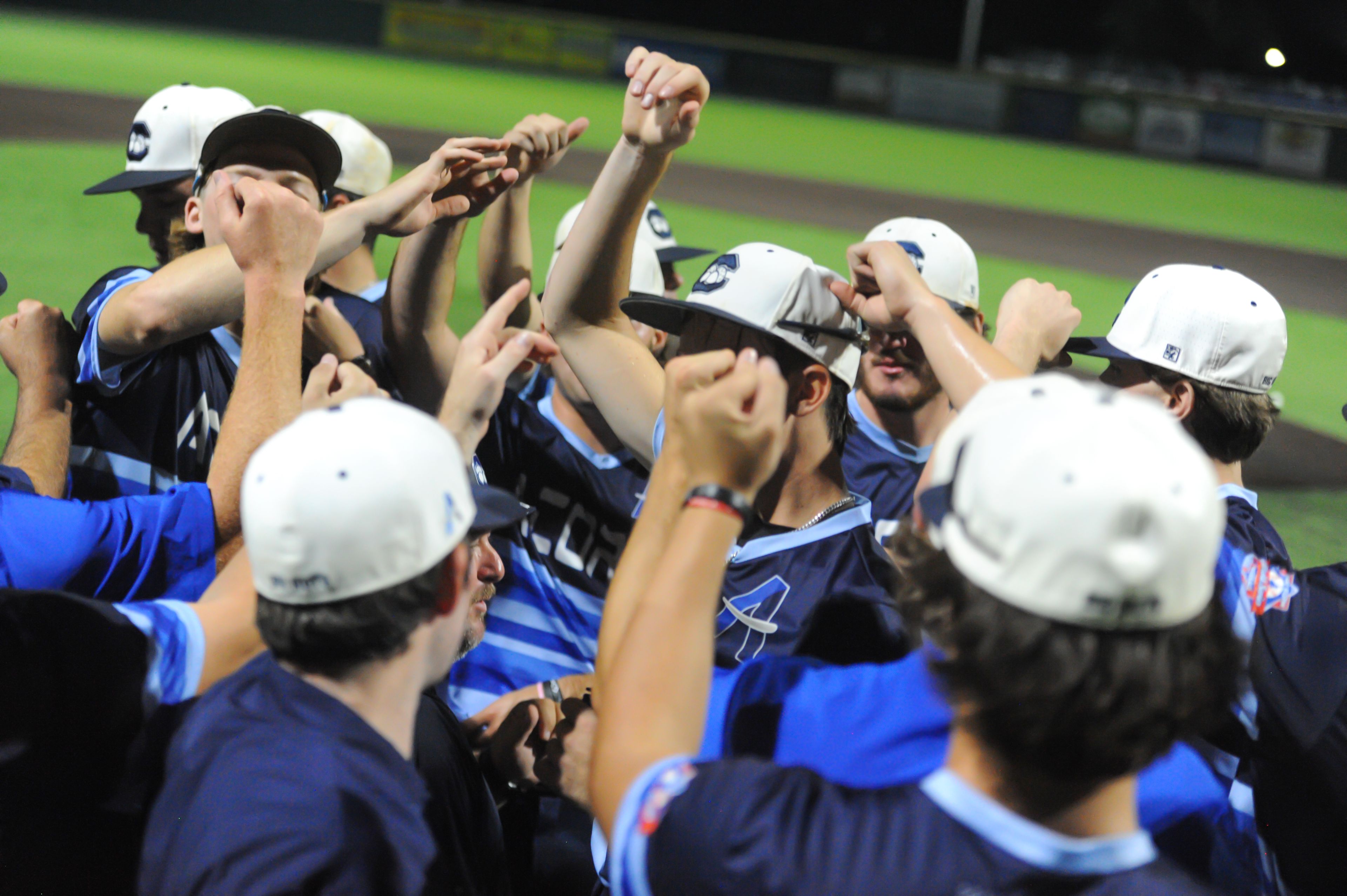 Aycorp breaks down the postgame huddle after an August 14, 2024 Babe Ruth World Series game between the Aycorp Fighting Squirrels and the Altoona, Pennsylvania, at Capaha Field in Cape Girardeau, Mo. Aycorp defeated Altoona, 12-11.