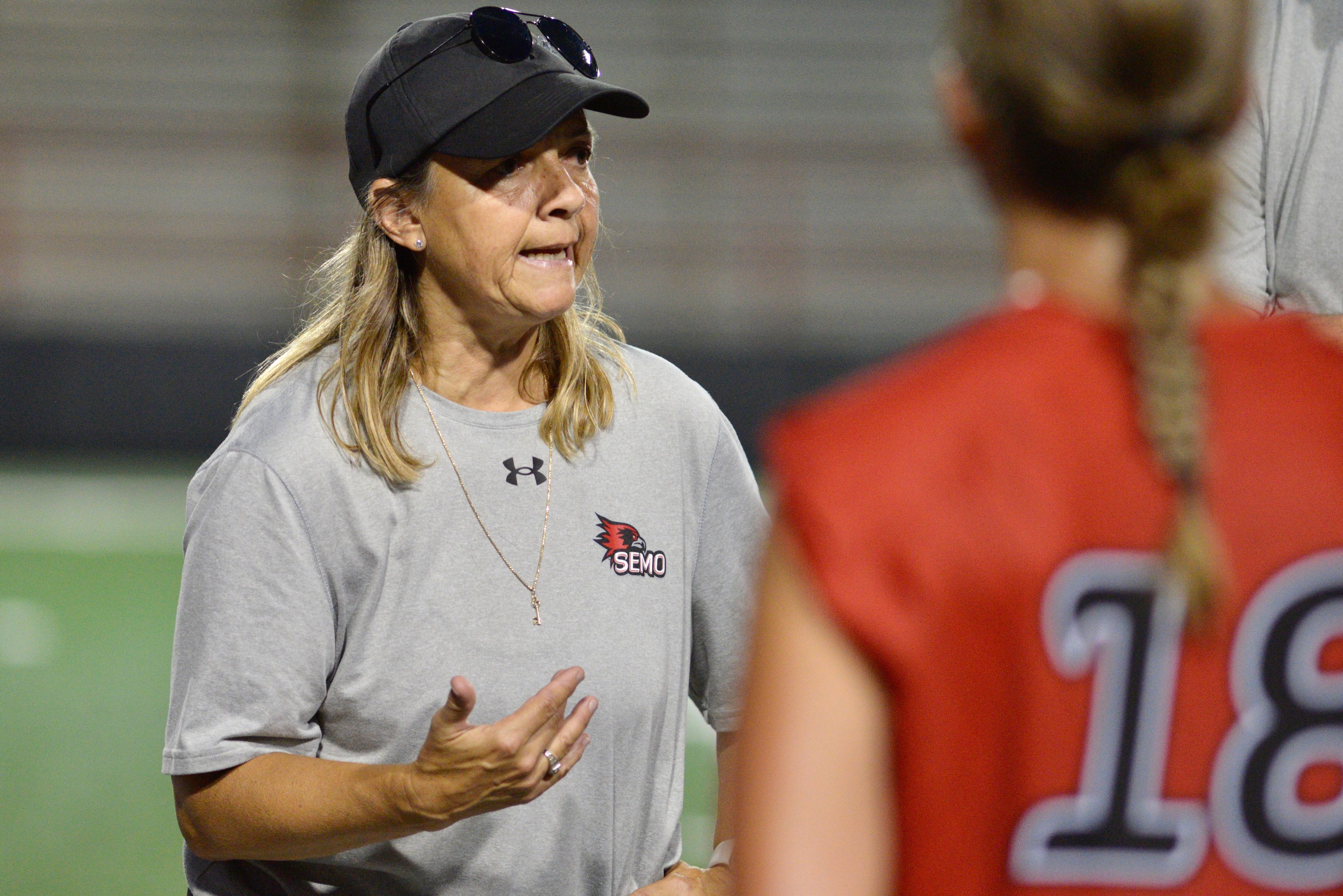 Southeast Missouri State soccer coach Heather Nelson addresses her team after falling to Murray State 2-1 on Sunday, Aug. 18, at Houck Field. 