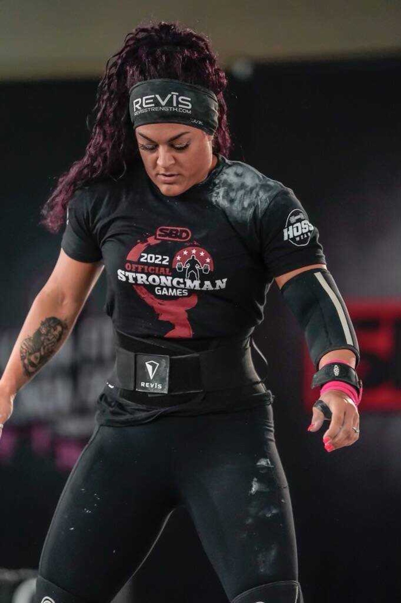 Chelsea Pullen prepares to compete in the circus dumbbells at the 2022 Official Strongman Games World Championships at Daytona Beach, Florida.