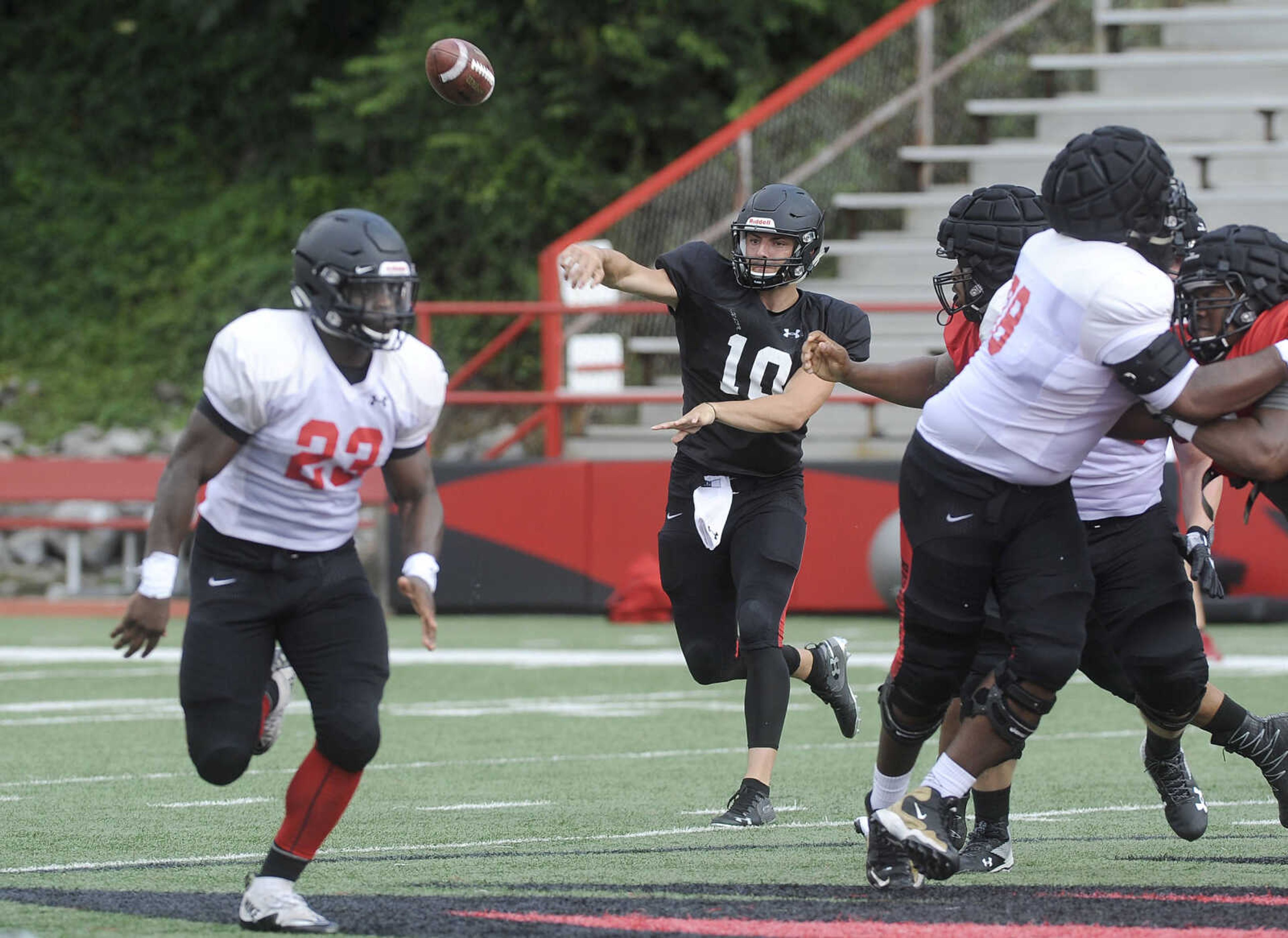 FRED LYNCH ~ flynch@semissourian.com
Southeast Missouri State quarterback Daniel Santacaterina throws a pass during the last preseason scrimmage Saturday, Aug. 18, 2018 at Houck Field.