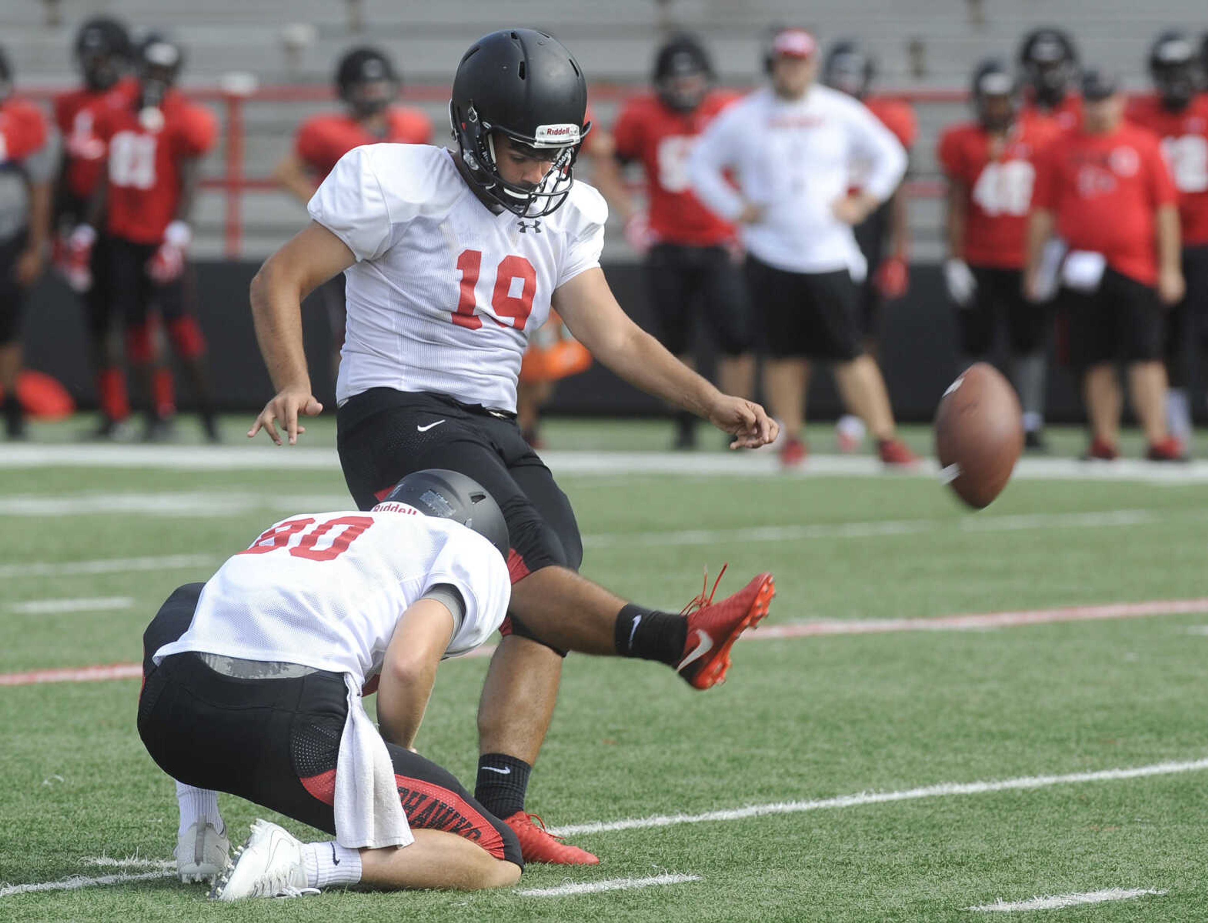 FRED LYNCH ~ flynch@semissourian.com
Southeast Missouri State's Nicholas Litang attempts a field goal during the last preseason scrimmage Saturday, Aug. 18, 2018 at Houck Field.