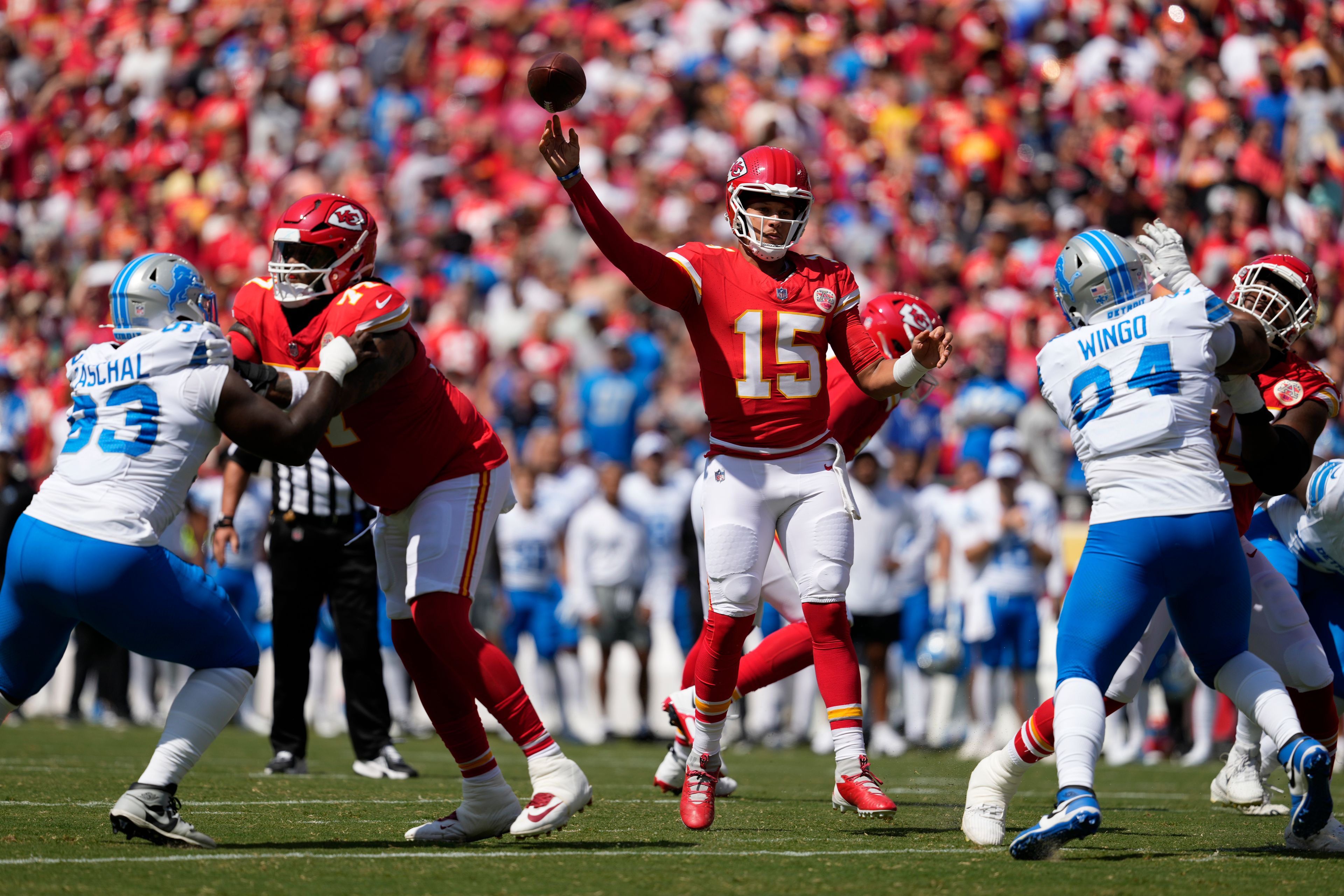 Kansas City Chiefs quarterback Patrick Mahomes (15) throws a pass against the Detroit Lions during the first half of an NFL preseason football game Saturday, Aug. 17, 2024, in Kansas City, Mo. (AP Photo/Ed Zurga)