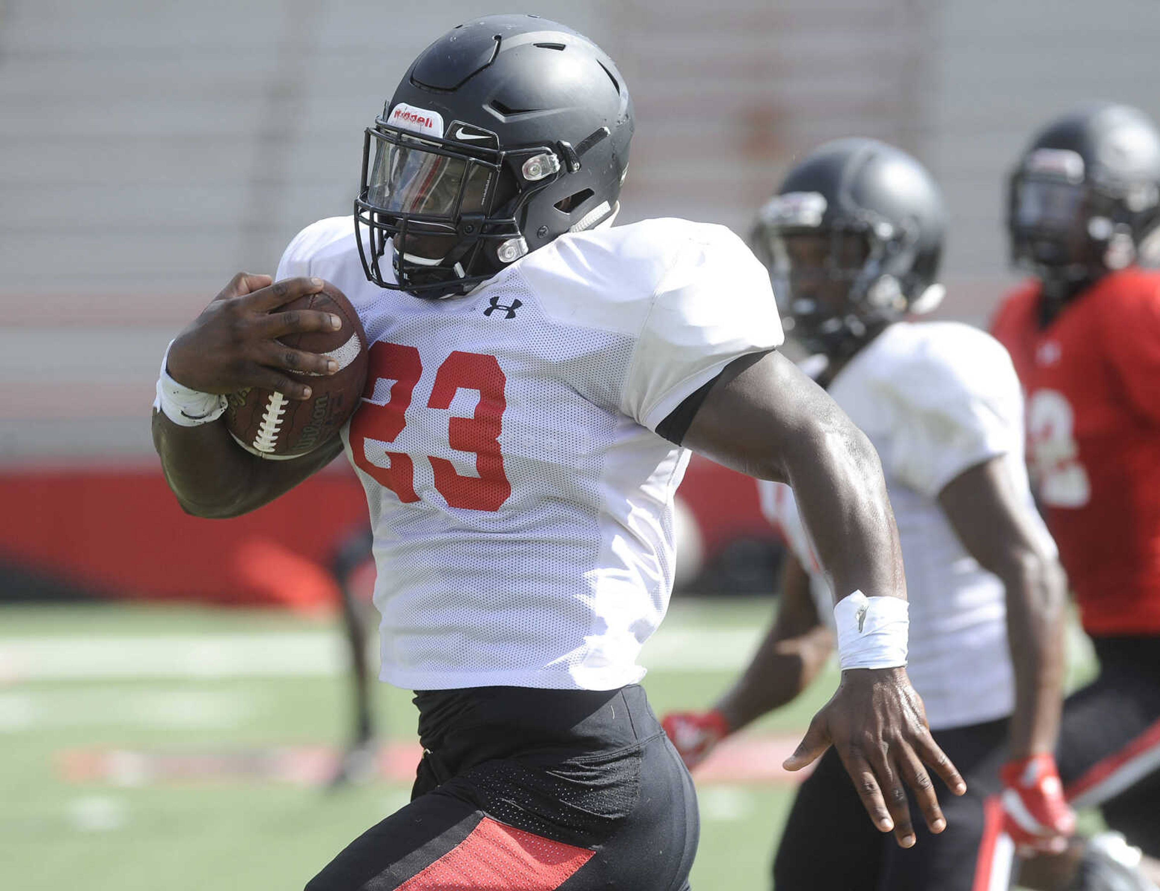 FRED LYNCH ~ flynch@semissourian.com
Southeast Missouri State running back Mark Robinson carries the ball during the last preseason scrimmage Saturday, Aug. 18, 2018 at Houck Field.