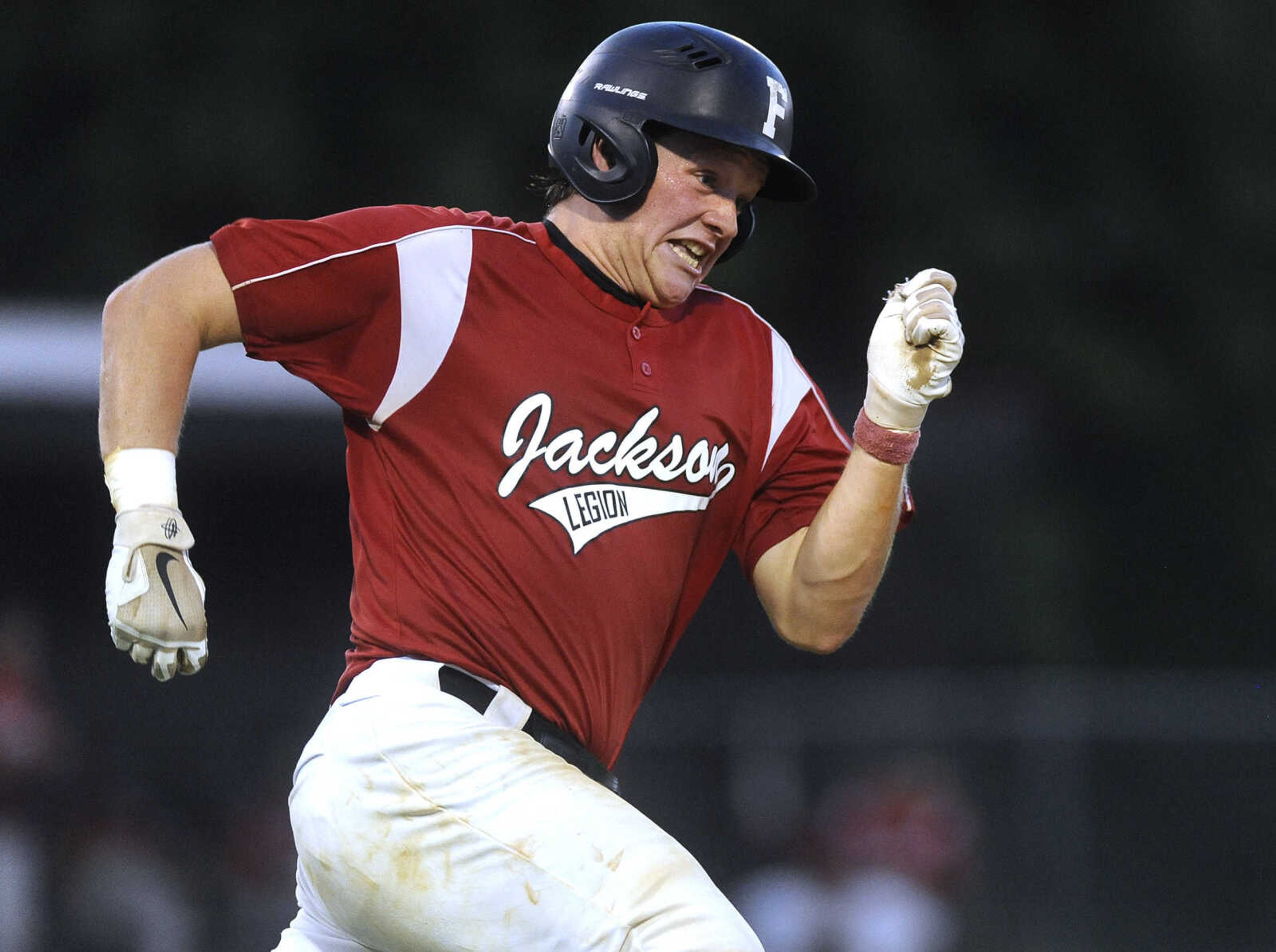 FRED LYNCH ~ flynch@semissourian.com
Jackson Post 158's Braeden Dobbs heads for second base on a double against Cape Girardeau Post 63 during the fourth inning of a semifinal in the Senior Legion District Tournament Friday, July 13, 2018 in Sikeston, Missouri.