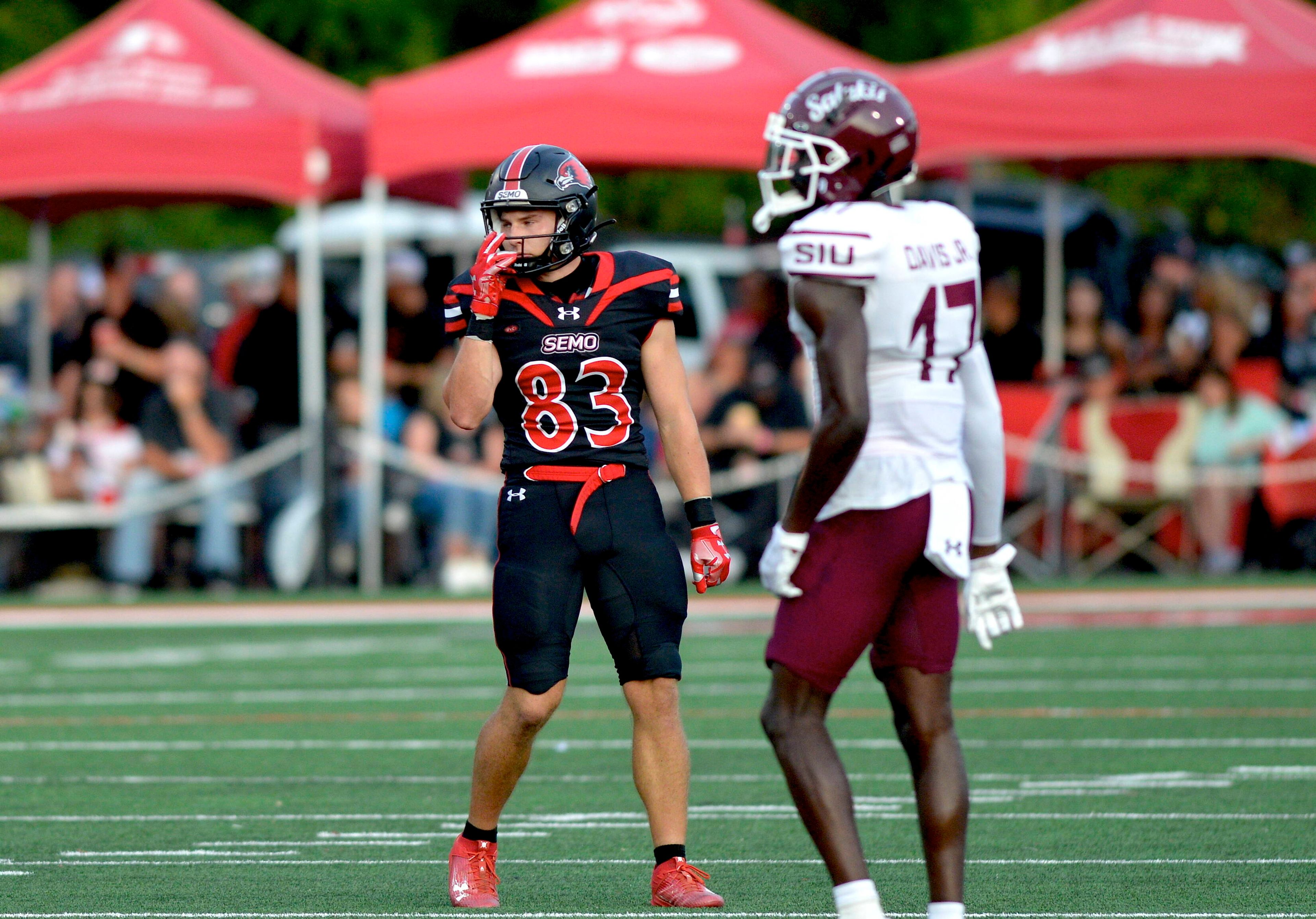 Southeast Missouri State receiver Jack Clinkenbeard lines up in front of a Southern Illinois defender before a play last year at Houck Field. (Tony Capobianco ~ Tcapobianco@semoball.com)