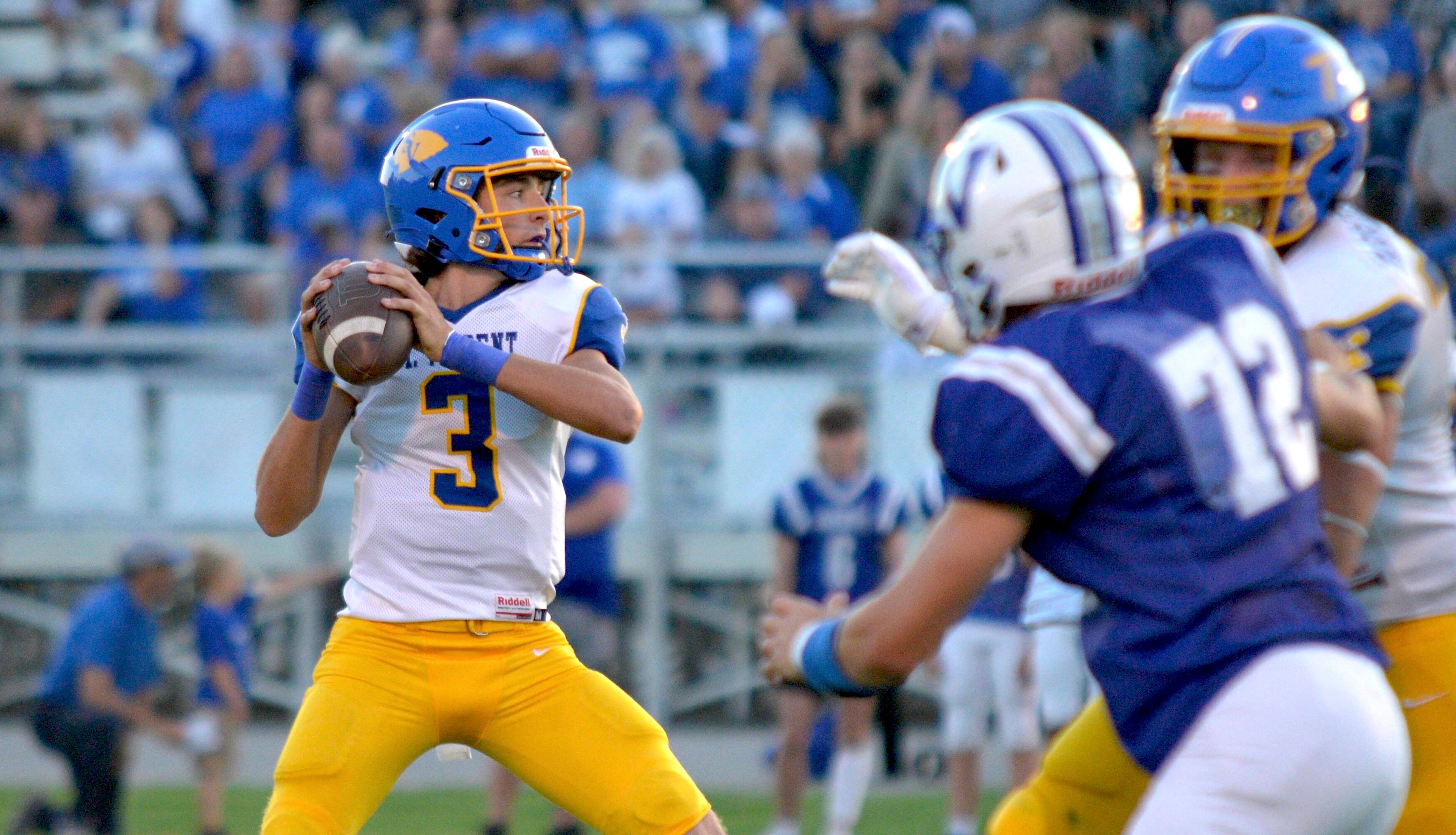 St. Vincent quarterback Nick Buchheit drops back to throw a pass during a game against Valle Catholic on Friday, Sept. 6, in Ste. Genevieve, Mo. 