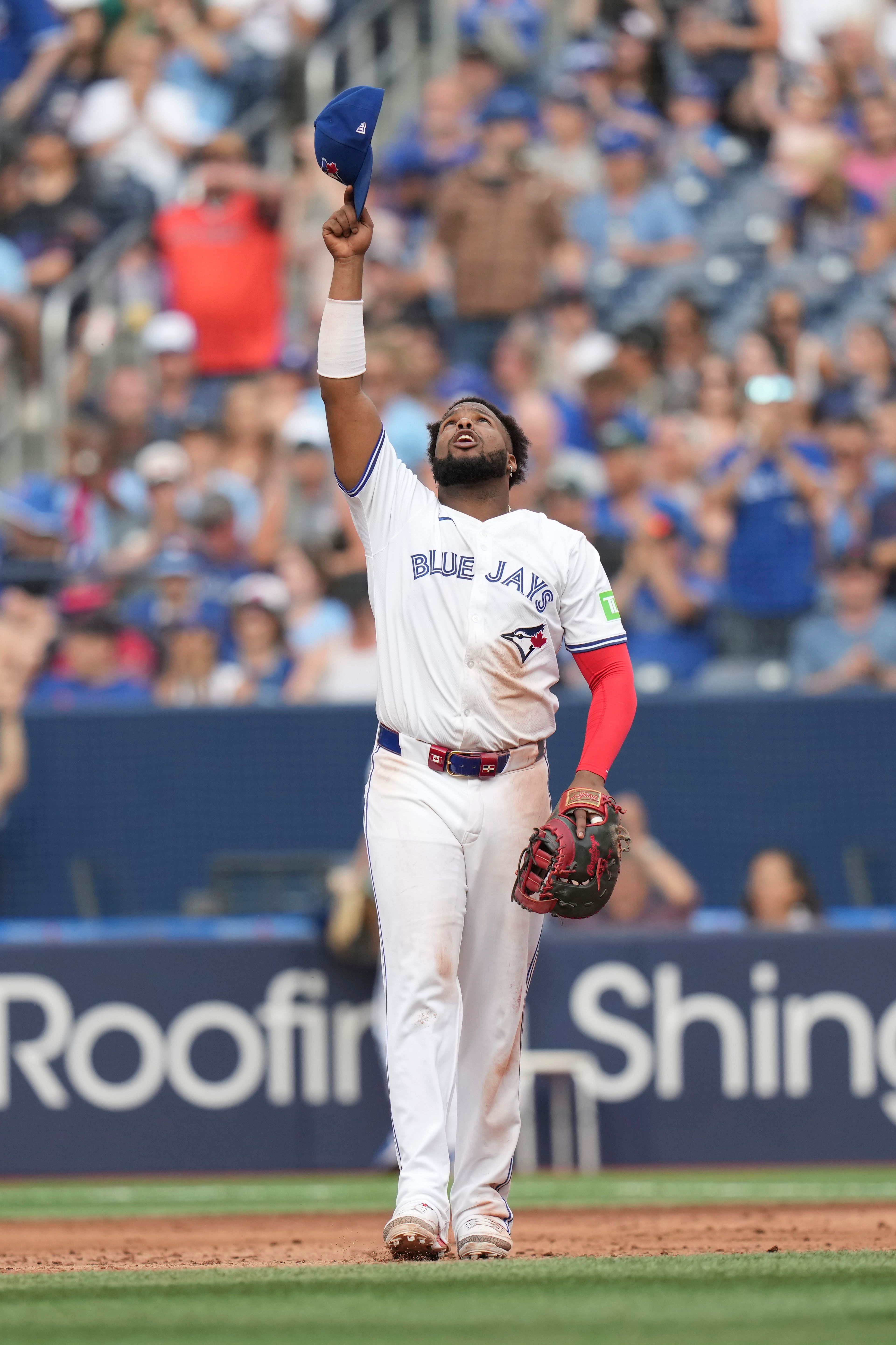 Toronto Blue Jays first baseman Vladimir Guerrero Jr. reacts after defeating the St. Louis Cardinals in interleague MLB baseball action in Toronto, Saturday, September 14, 2024. (Chris Young/The Canadian Press via AP)