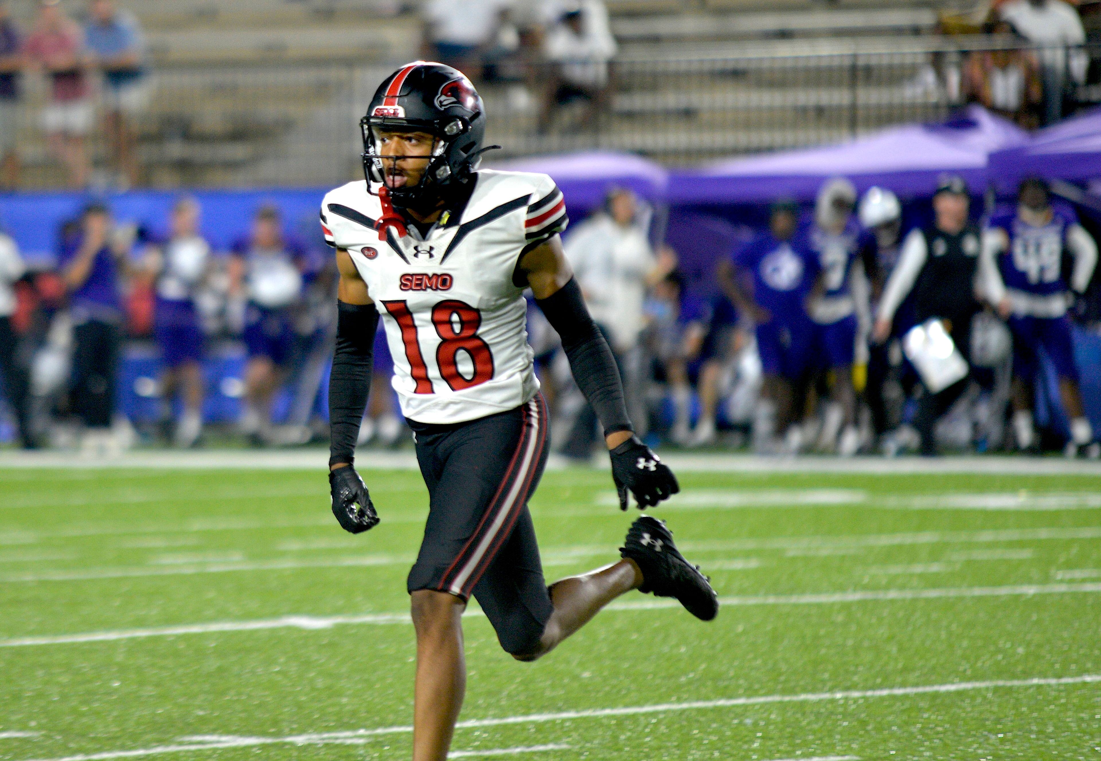 Southeast Missouri State defensive back Justus Johnson runs toward the sideline after an interception during an FCS Kickoff game against North Alabama on Saturday, August 24, in Montgomery, Alabama. 