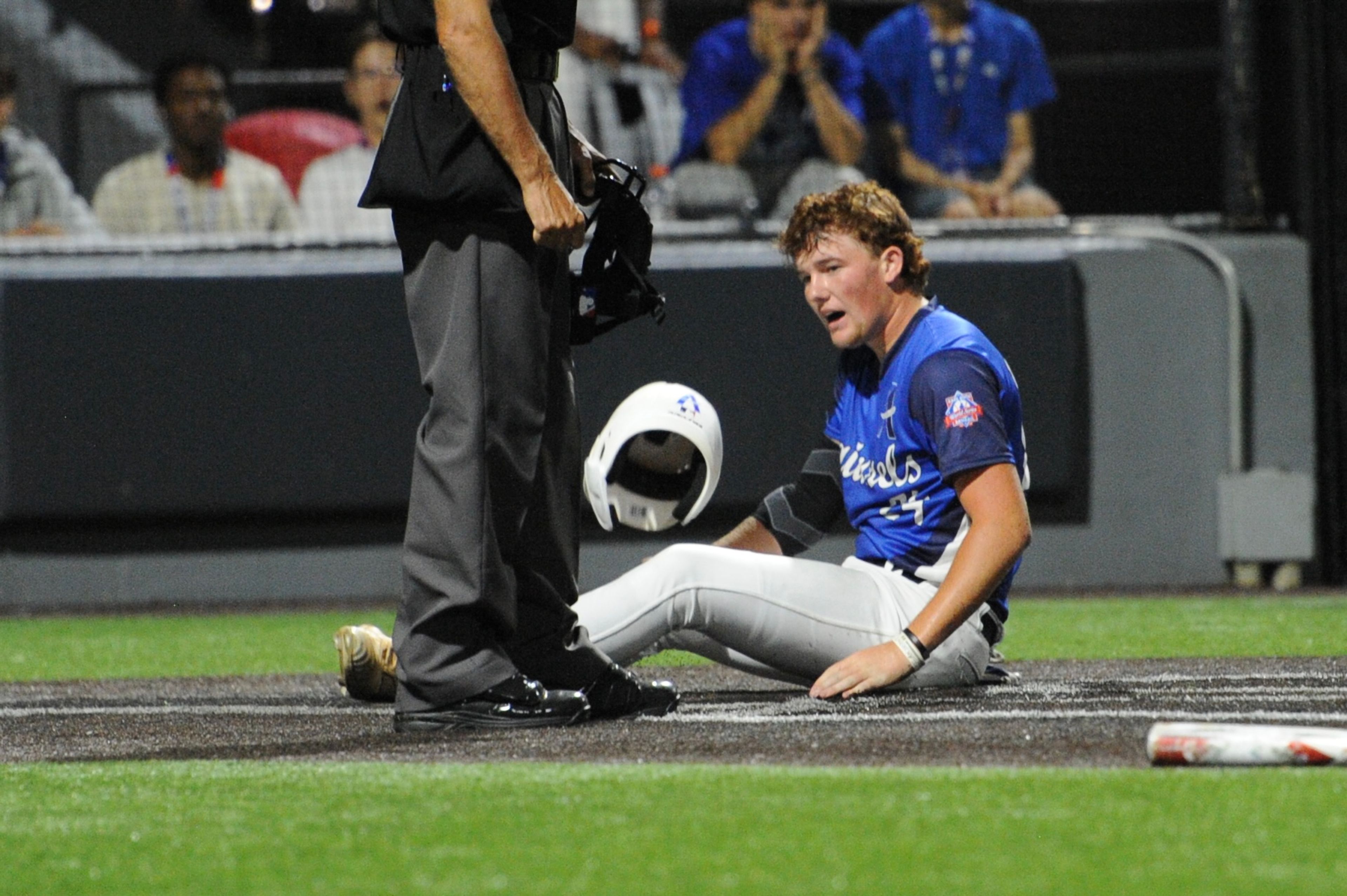 Aycorp's Luke Hester stares after being thrown out during a Saturday, August 10, 2024 Babe Ruth World Series game between the Aycorp Fighting Squirrels and Manassas, Virginia, at Capaha Field in Cape Girardeau, Mo. Aycorp defeated Manassas, 3-1.