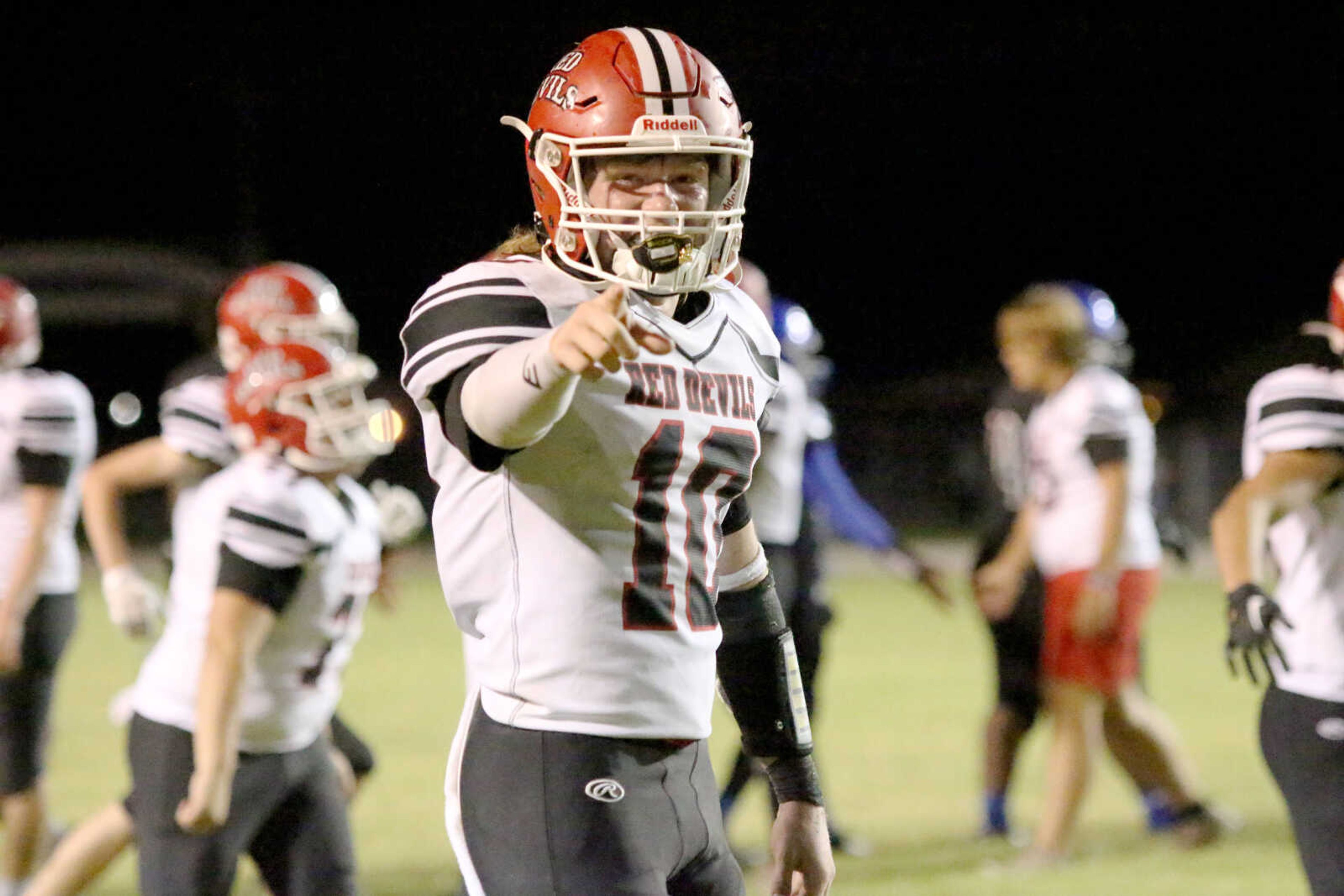 Chaffee's Carson Spies (10) celebrates following&nbsp;a&nbsp;14-12 win at John Harris Marshall Stadium in Charleston, Missouri on Thursday, August 31, 2023.&nbsp;