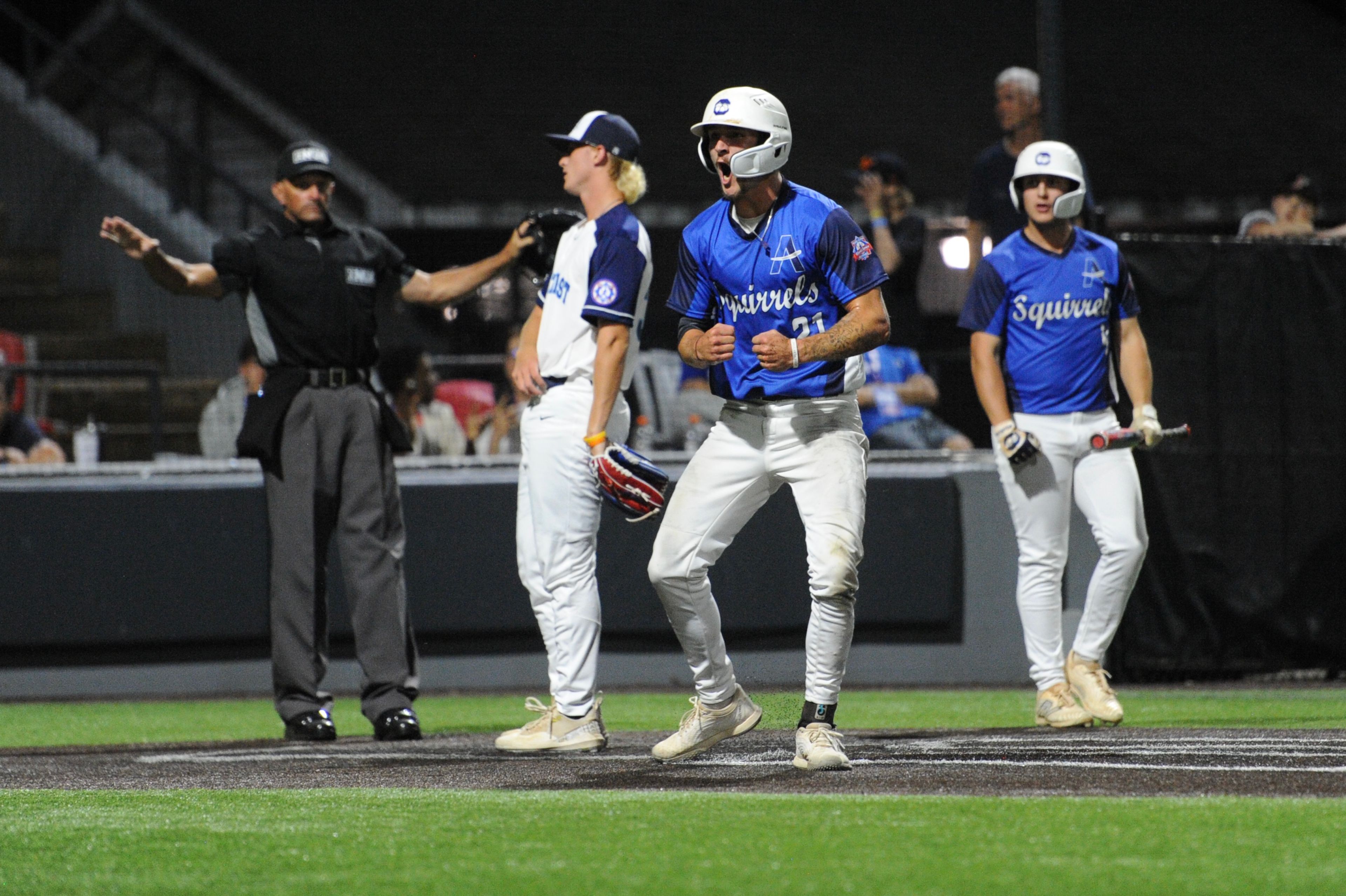 Aycorp's Levi McKinnie celebrates tying the game during a Saturday, August 10, 2024 Babe Ruth World Series game between the Aycorp Fighting Squirrels and Manassas, Virginia, at Capaha Field in Cape Girardeau, Mo. Aycorp defeated Manassas, 3-1.