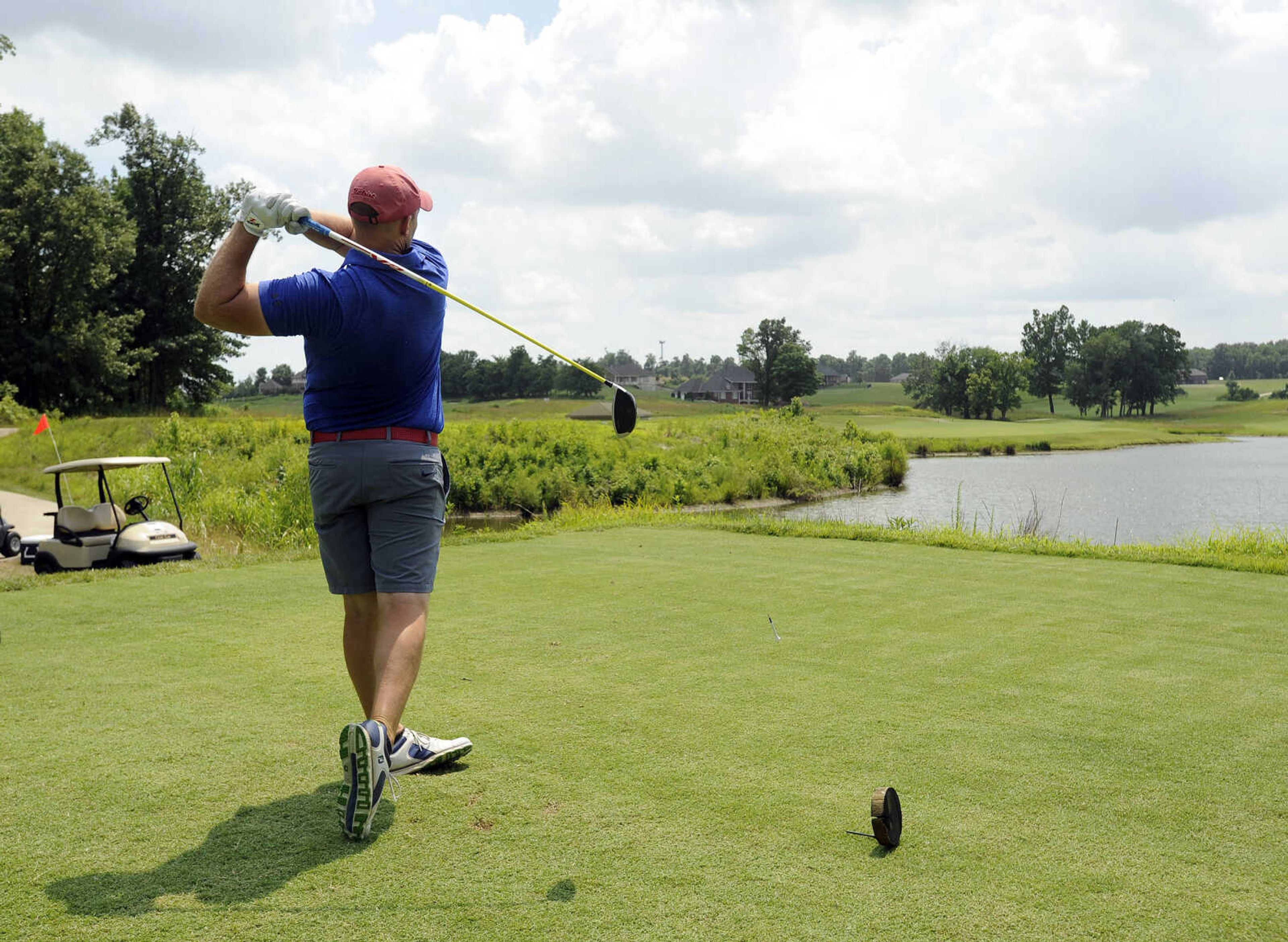 FRED LYNCH ~ flynch@semissourian.com
Brandon Cooper of Cape Girardeau watches his drive on the 10th hole Tuesday, June 19, 2018 during the Missouri Amateur Championship at Dalhousie Golf Club.