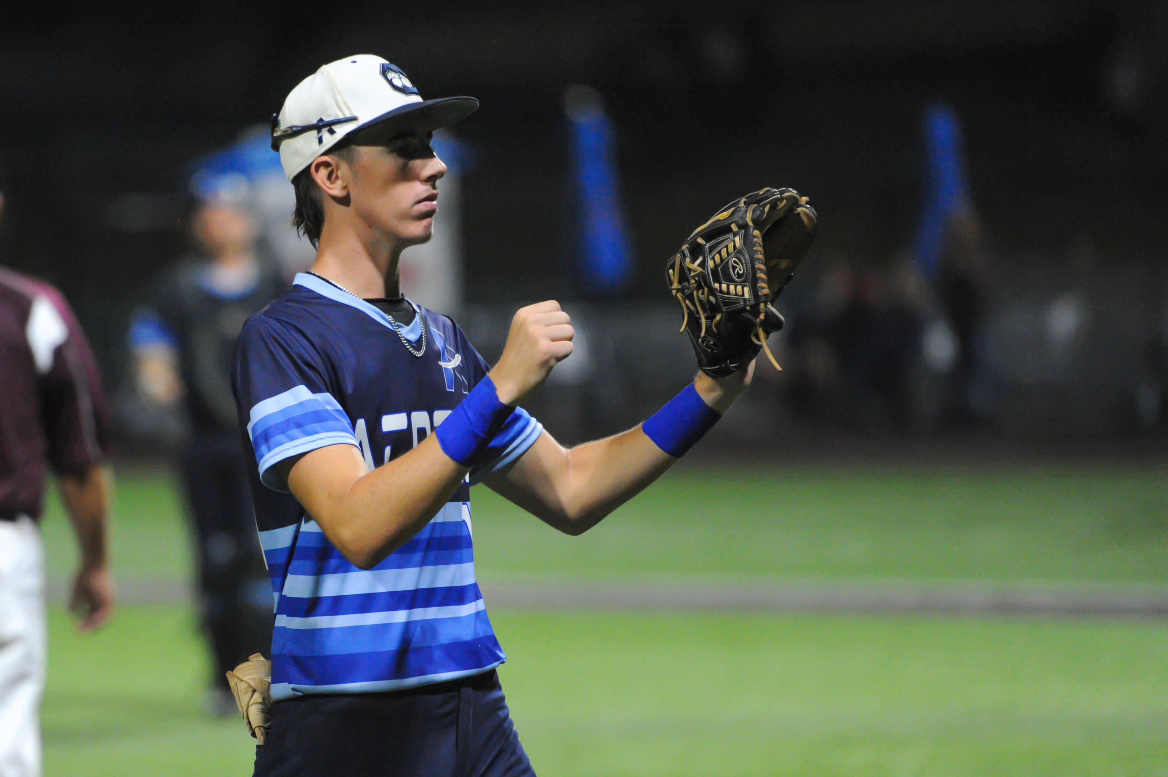 Aycorp's Brady Smith fist-pumps toward teammates after an August 14, 2024 Babe Ruth World Series game between the Aycorp Fighting Squirrels and the Altoona, Pennsylvania, at Capaha Field in Cape Girardeau, Mo. Aycorp defeated Altoona, 12-11.