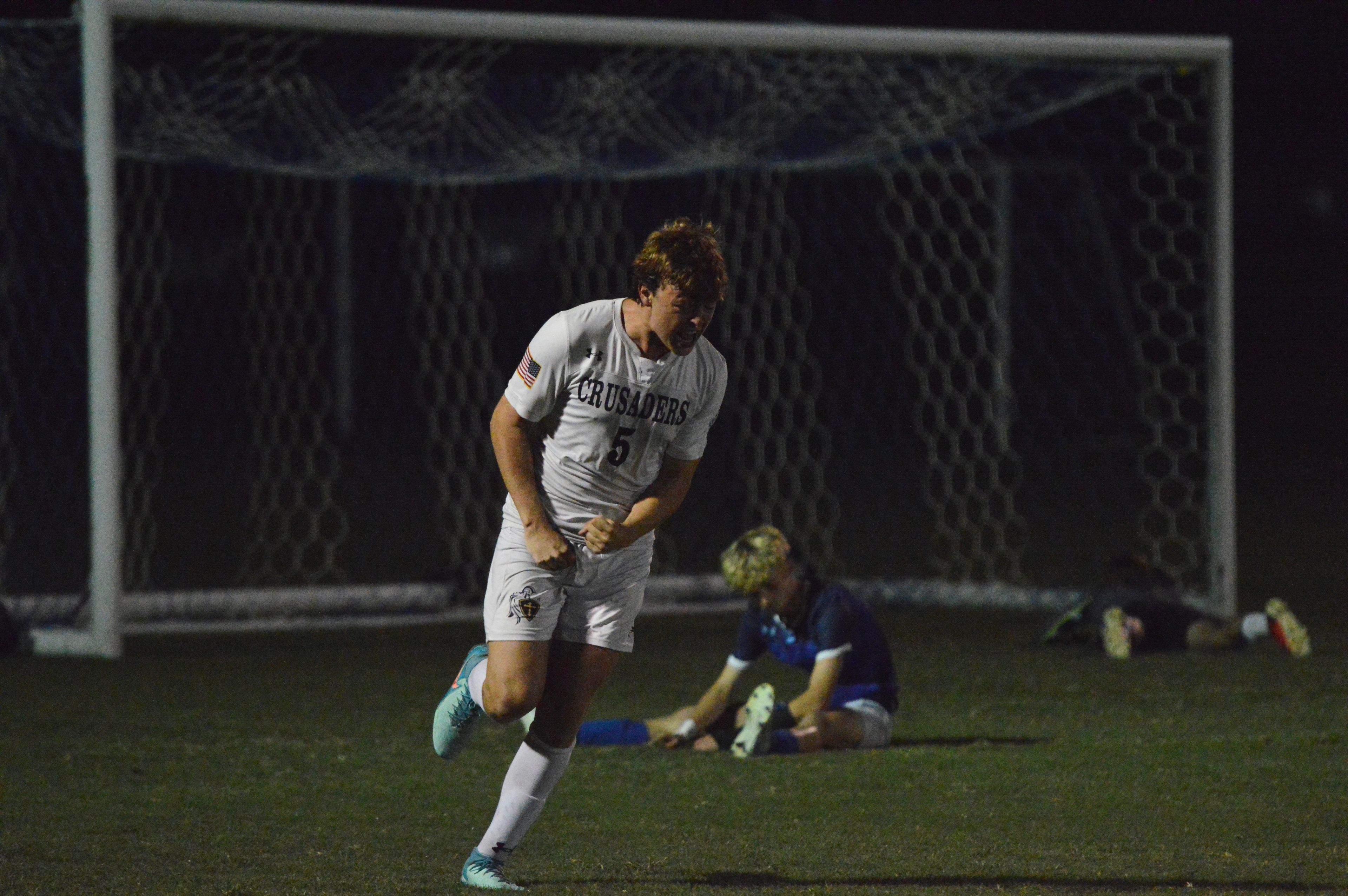 Saxony Lutheran senior forward Brayden Moore moments after netting the equalizer against rival Notre Dame on Tuesday, Sept. 17 at Notre Dame High School. The 3-2 triumph was the Crusaders' first win over Notre Dame in school history.