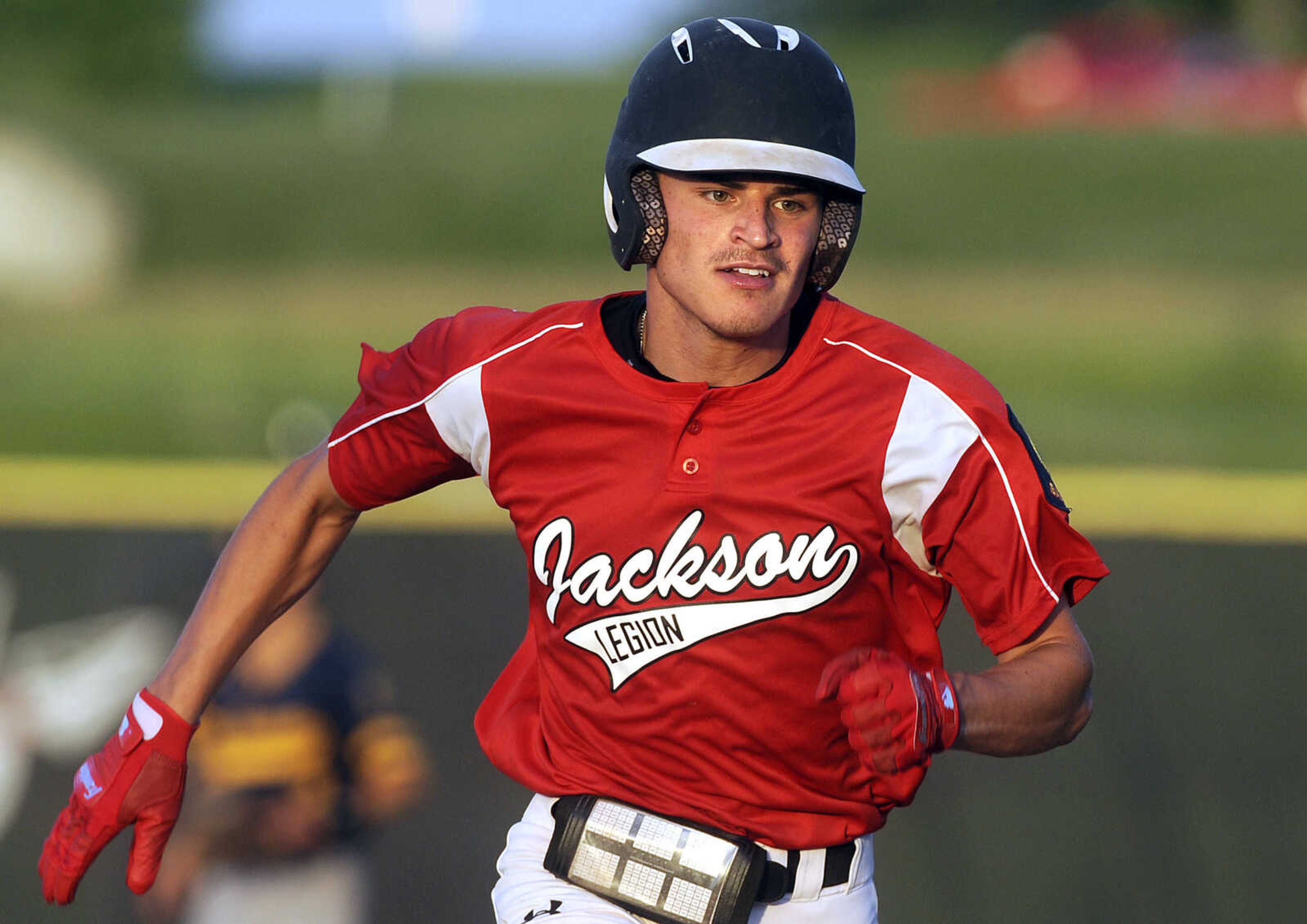 FRED LYNCH ~ flynch@semissourian.com
Jackson Senior Legion's Justice Crosnoe heads for home to score against Cape Girardeau Post 63 during the sixth inning Thursday, June 7, 2018 in Jackson.