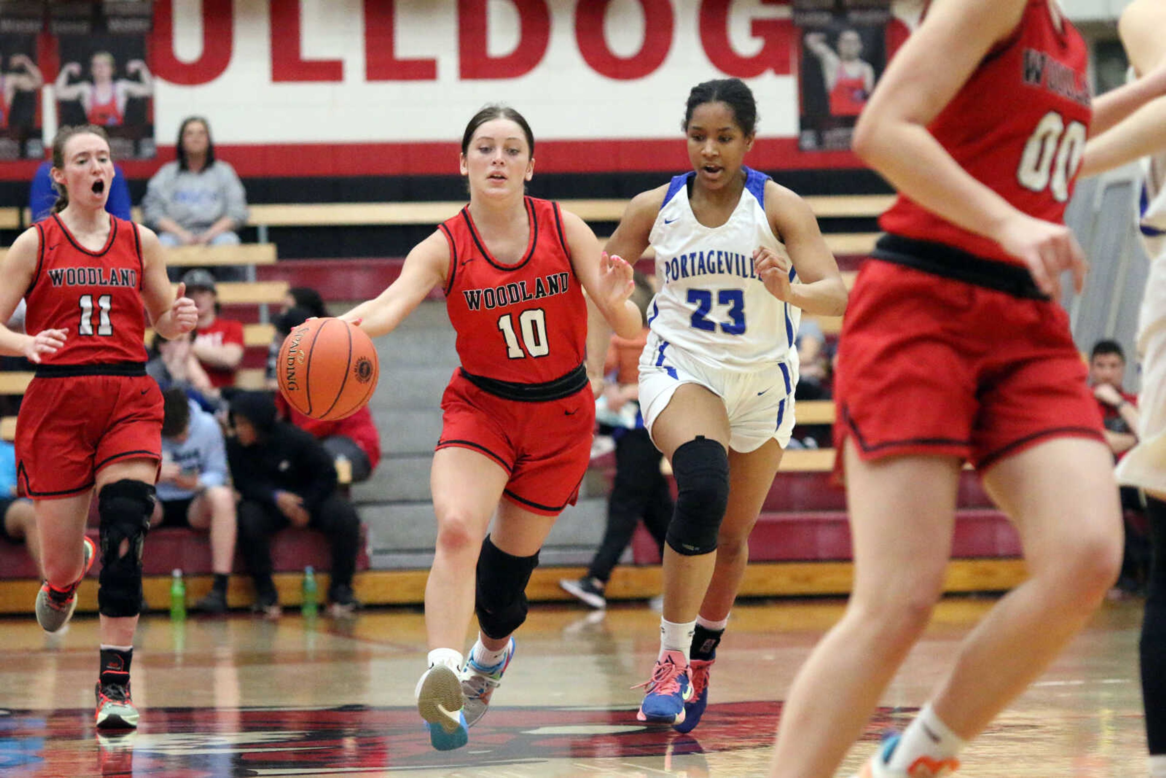 Woodland's London Cureton (10) pushes the pace&nbsp;during a 61-25 loss to Portageville in a MSHSAA Class 3 Sectional at the Sikeston Fieldhouse on Monday, Feb. 28. (Dennis Marshall/Standard-Democrat)