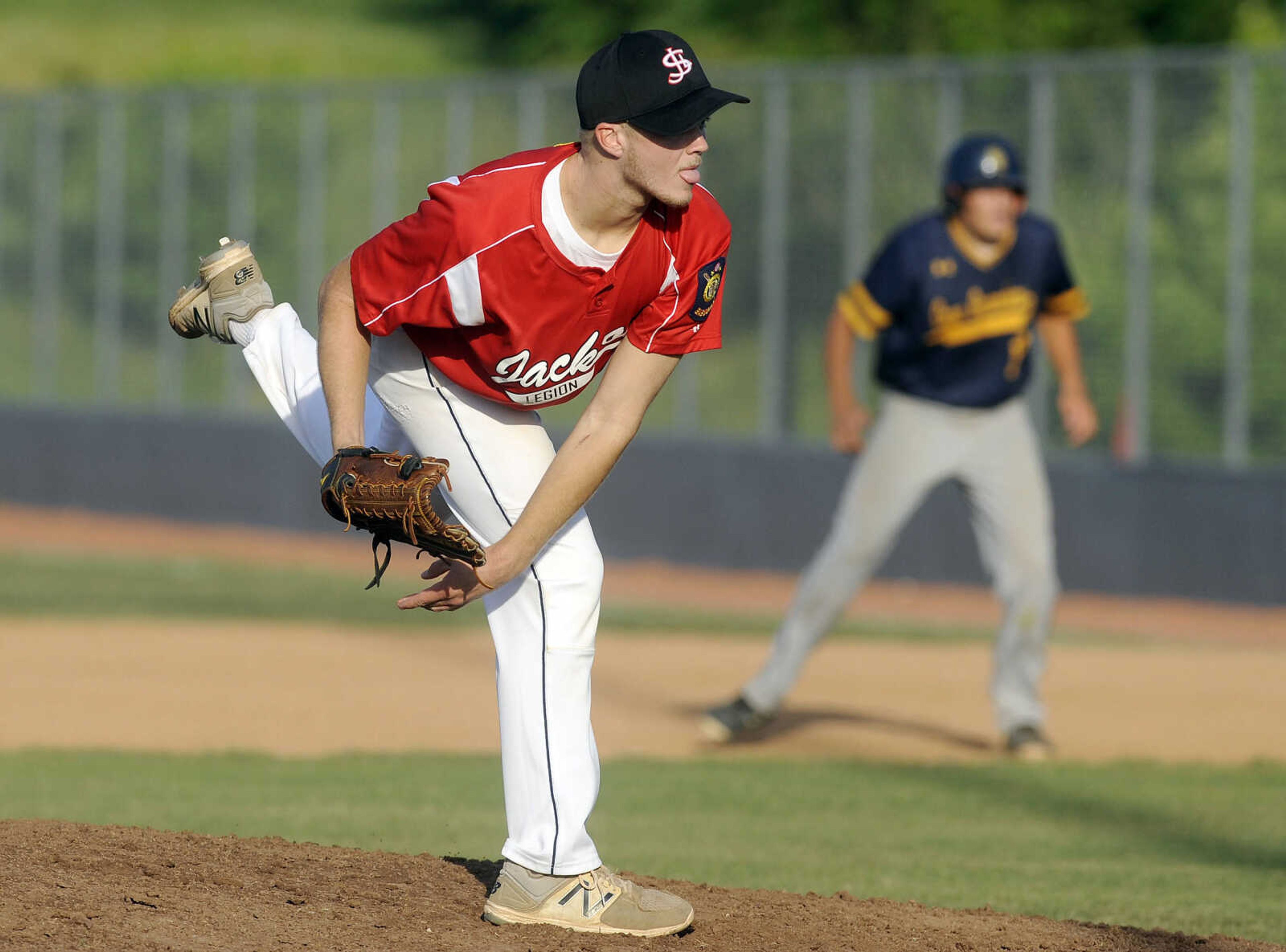 FRED LYNCH ~ flynch@semissourian.com
Jackson pitcher Tyler Martin delivers to a Cape Girardeau Post 63 batter during the third inning Thursday, June 7, 2018 in Jackson.