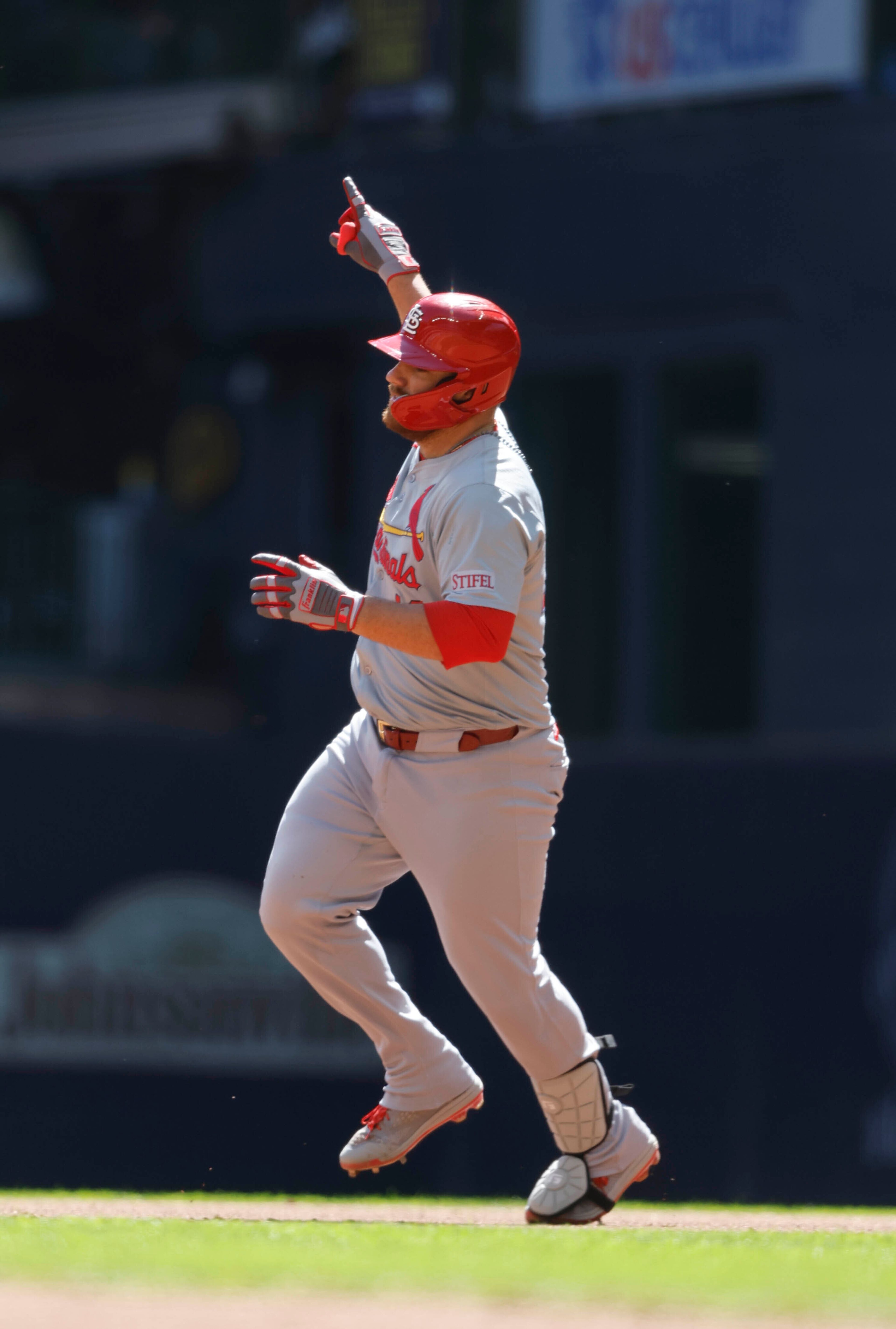 St. Louis Cardinals' Pedro Pagés (43) reacts as he rounds the bases after hitting a home run against the Milwaukee Brewers during the third inning of a baseball game, Monday, Sept. 2, 2024, in Milwaukee. (AP Photo/Jeffrey Phelps)