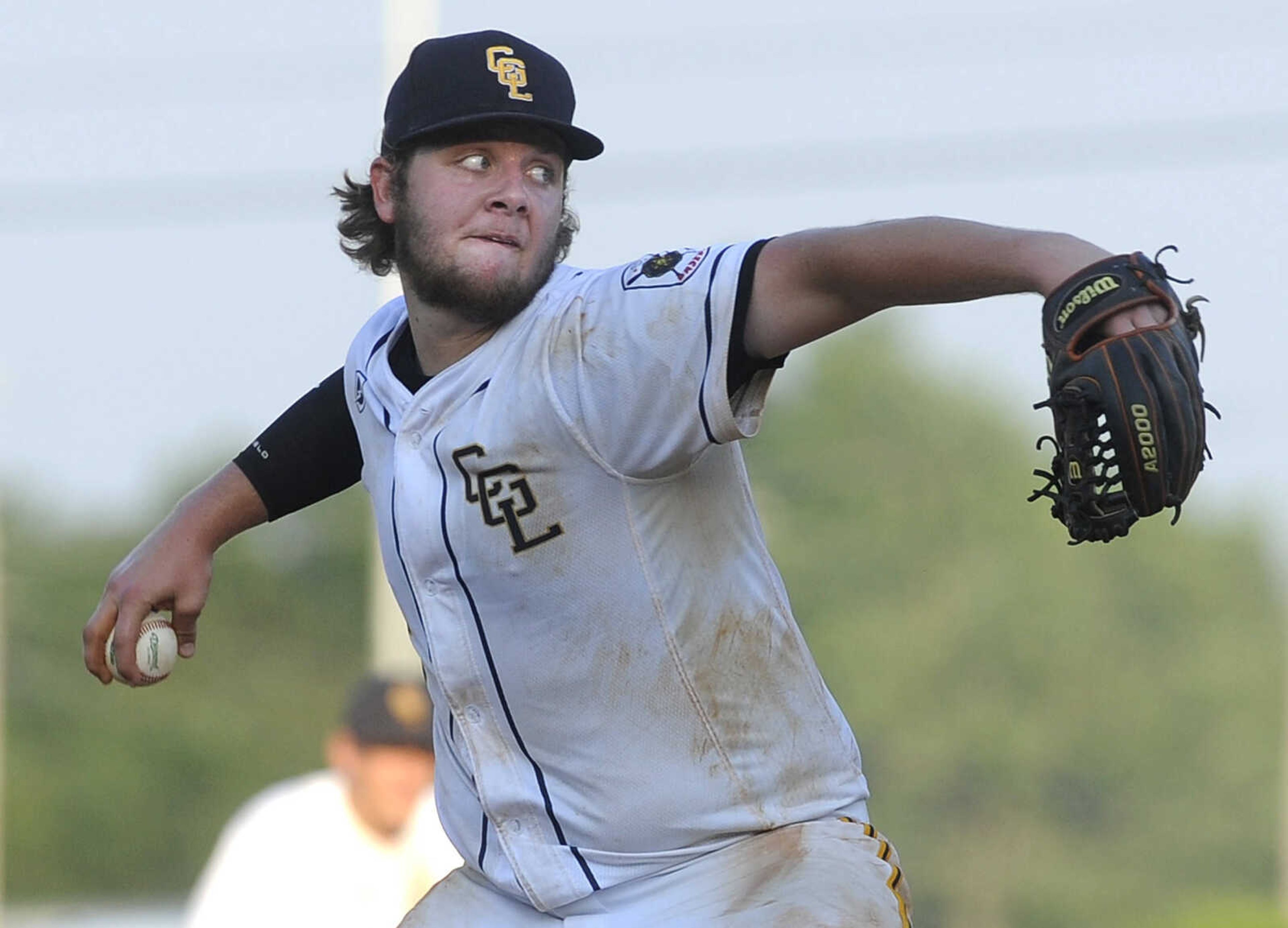 FRED LYNCH ~ flynch@semissourian.com
Cape Girardeau Post 63 reliever Trent Unterreiner pitches to a Perryville Post 133 batter during the seventh inning of a quarterfinal in the Senior Legion District Tournament Thursday, July 12, 2018 in Sikeston, Missouri.