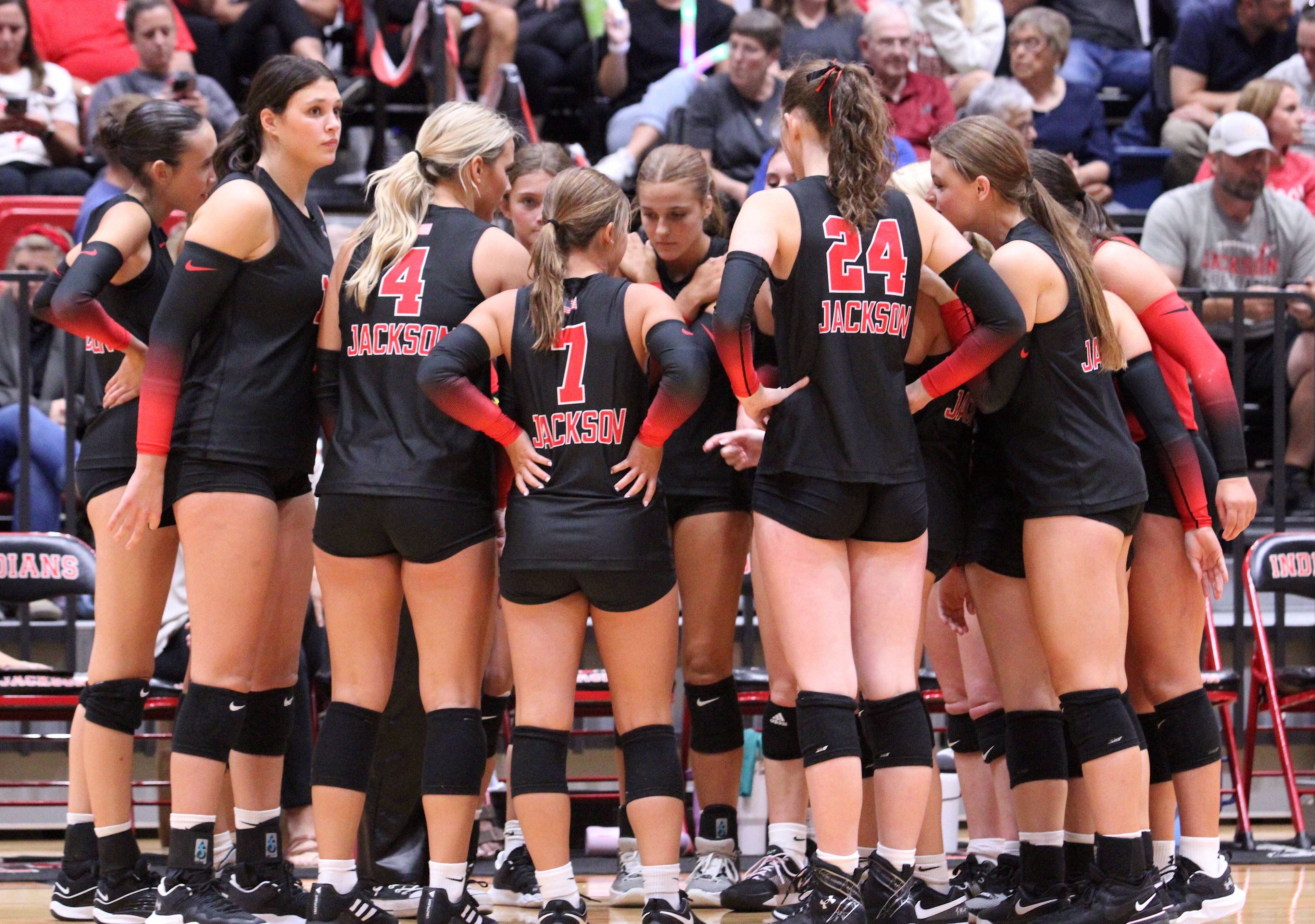 Jackson talks during a timeout in the Sept. 10 game between the Indians and the Poplar Bluff.
