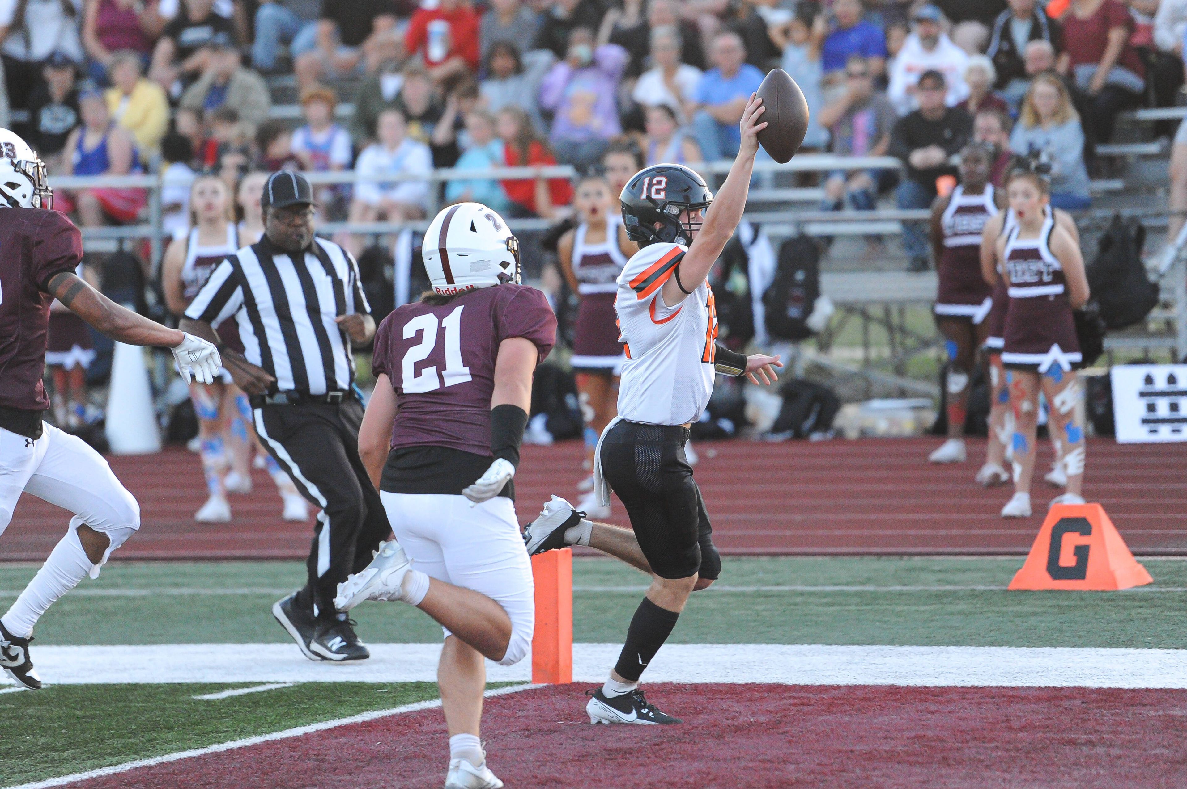 Cape Central's Deklin Pittman celebrates a touchdown during a Friday, September 6, 2024 game between the St. Charles West Warriors and the Cape Central Tigers at St. Charles West High School in St. Charles, Mo. Cape Central defeated St. Charles West, 35-0. 