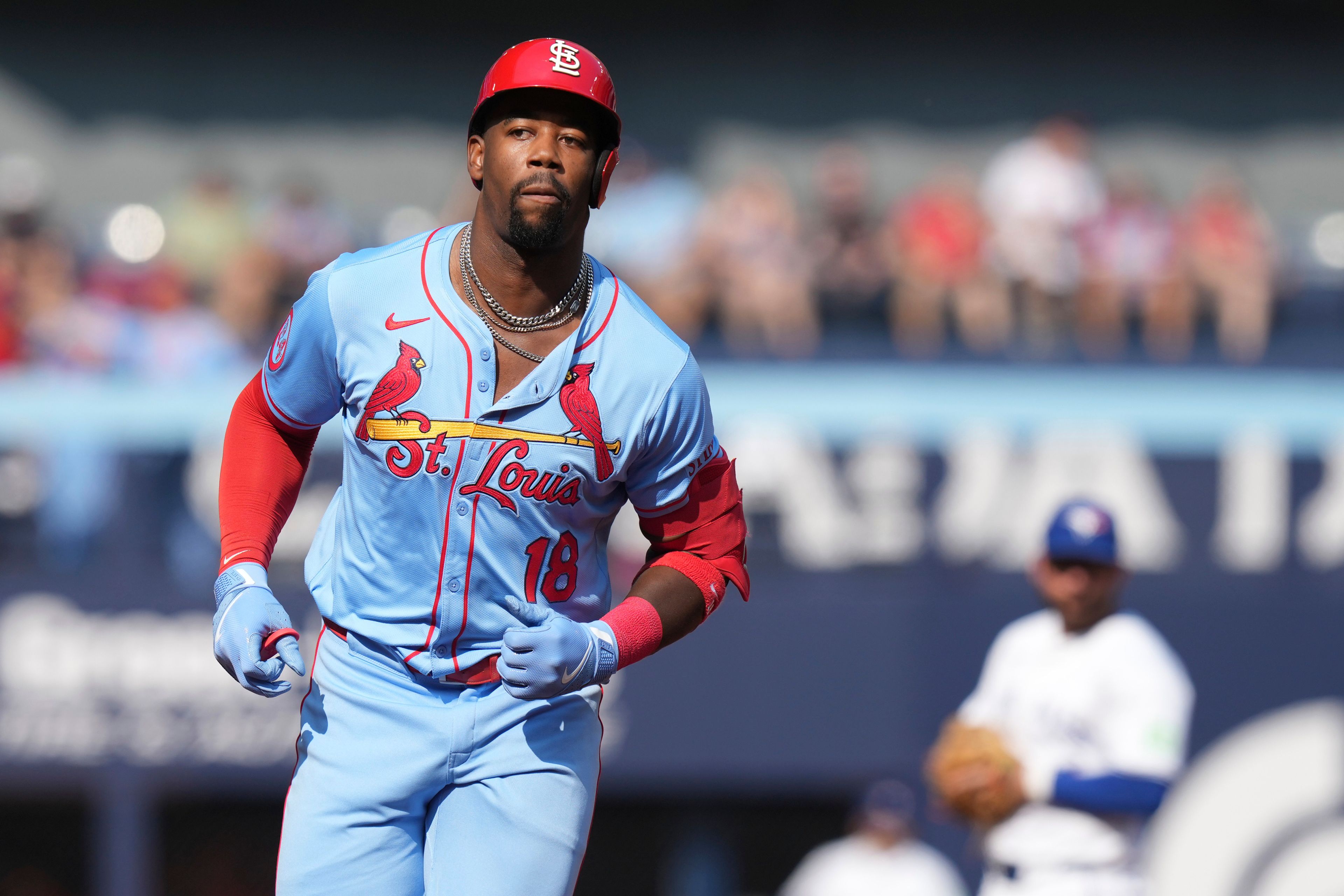 St. Louis Cardinals outfielder Jordan Walker (18) rounds the bases after hitting a home run off Toronto Blue Jays pitcher José Berrios during the third inning of a baseball game in Toronto, Saturday Sept. 14, 2024. (Chris Young/The Canadian Press via AP)