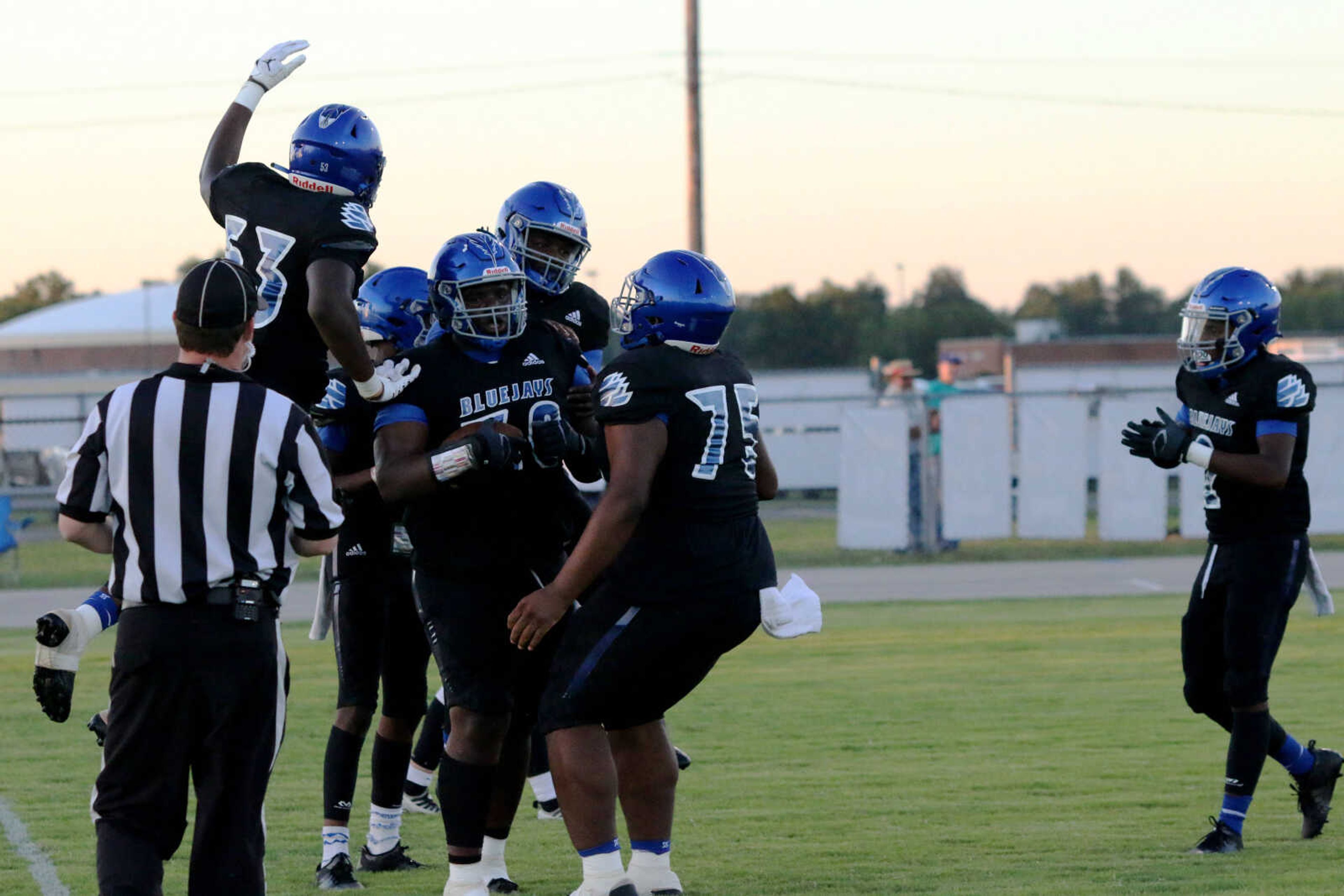 Charleston celebrates after a touchdown&nbsp;during a 14-12 loss to Chaffee at John Harris Marshall Stadium on Thursday, August 31, 2023.&nbsp;