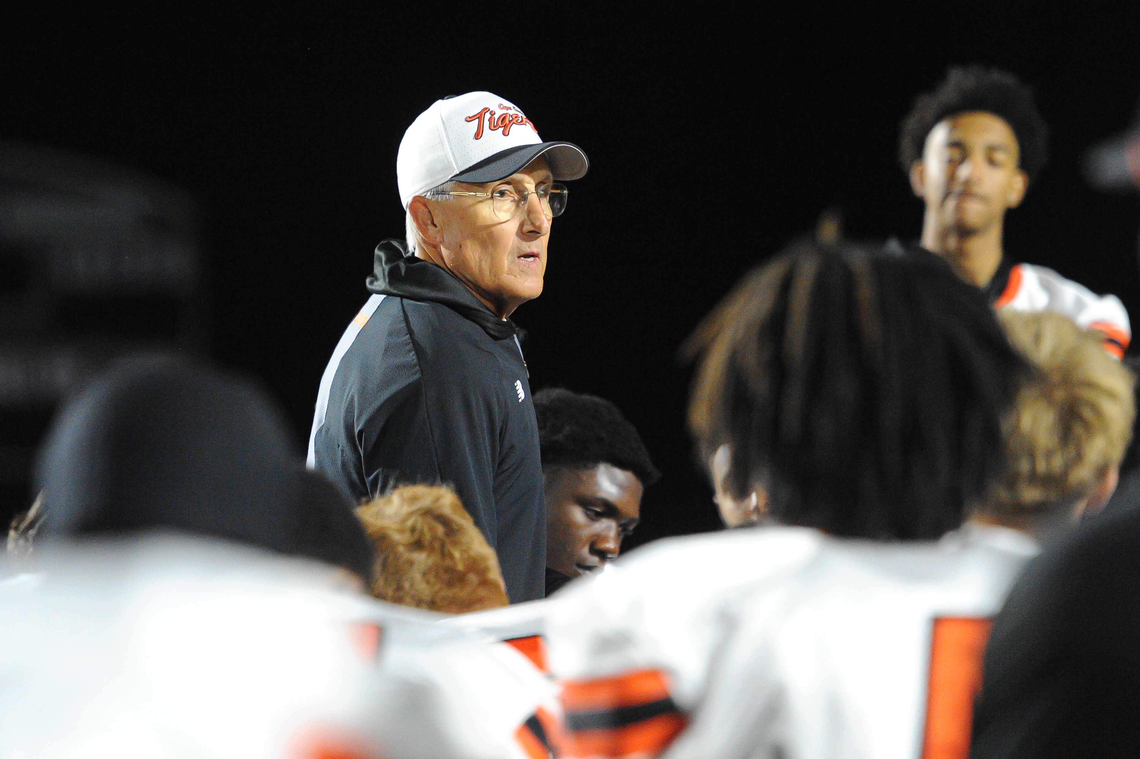 Cape Central coach Kent Gibbs talks to his team following a Friday, September 6, 2024 game between the St. Charles West Warriors and the Cape Central Tigers at St. Charles West High School in St. Charles, Mo. Cape Central defeated St. Charles West, 35-0.