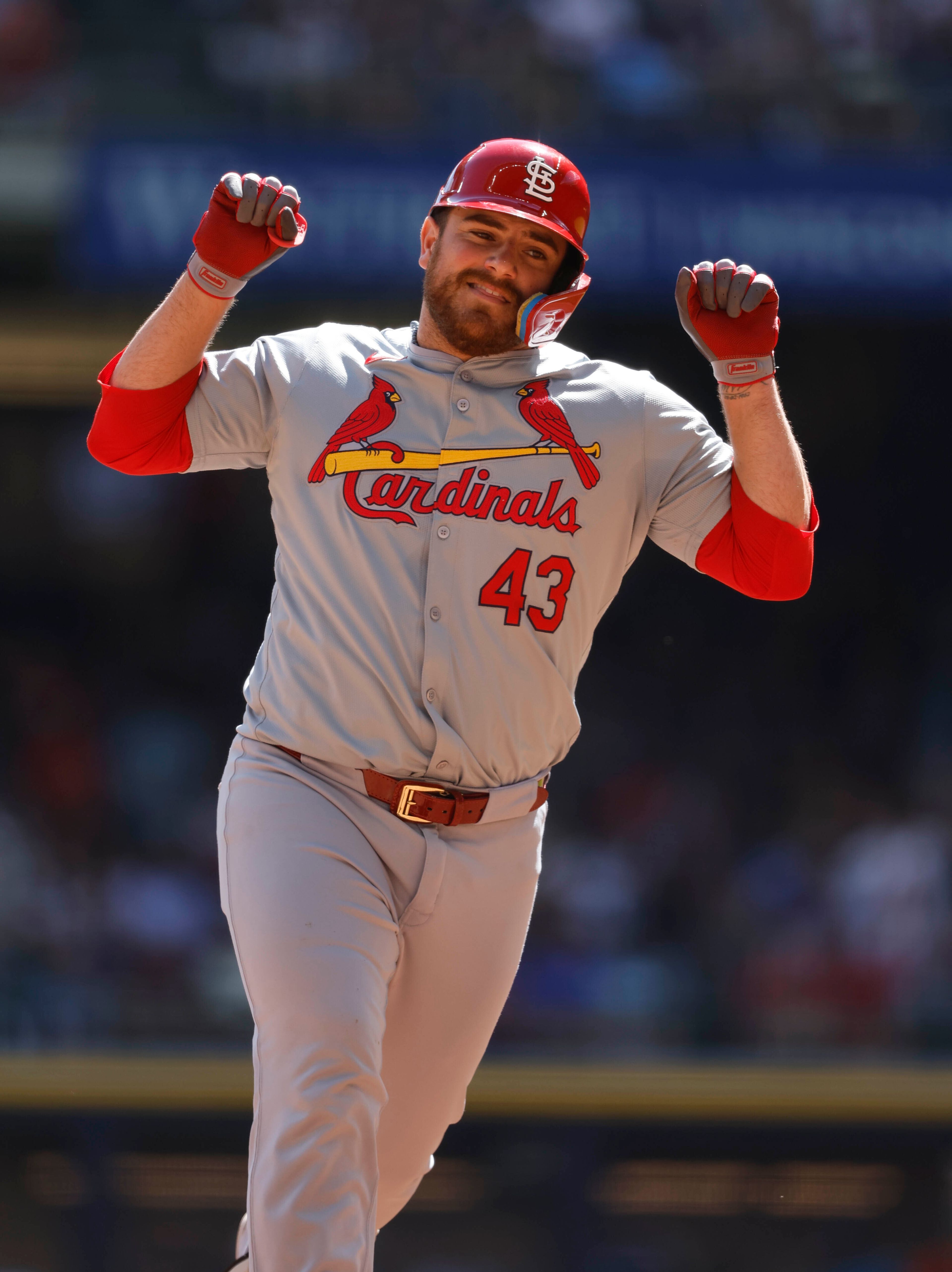 St. Louis Cardinals' Pedro Pagés (43) reacts as he rounds the bases after hitting a home run against the Milwaukee Brewers during the third inning of a baseball game, Monday, Sept. 2, 2024, in Milwaukee. (AP Photo/Jeffrey Phelps)