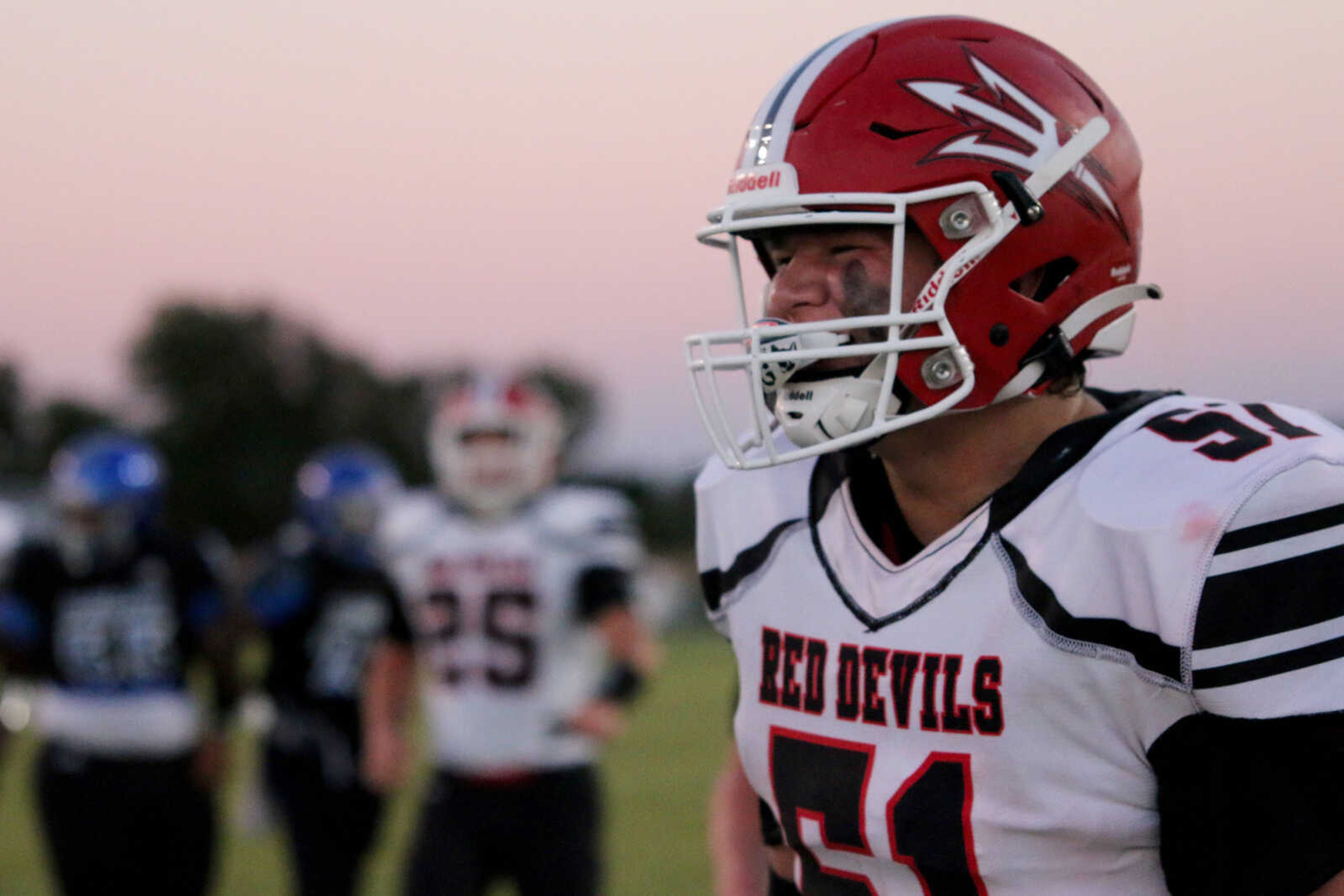 Chaffee's Kolbey Estes (51) celebrates a touchdown&nbsp;during a 14-12 win at John Harris Marshall Stadium in Charleston, Missouri on Thursday, August 31, 2023.&nbsp;