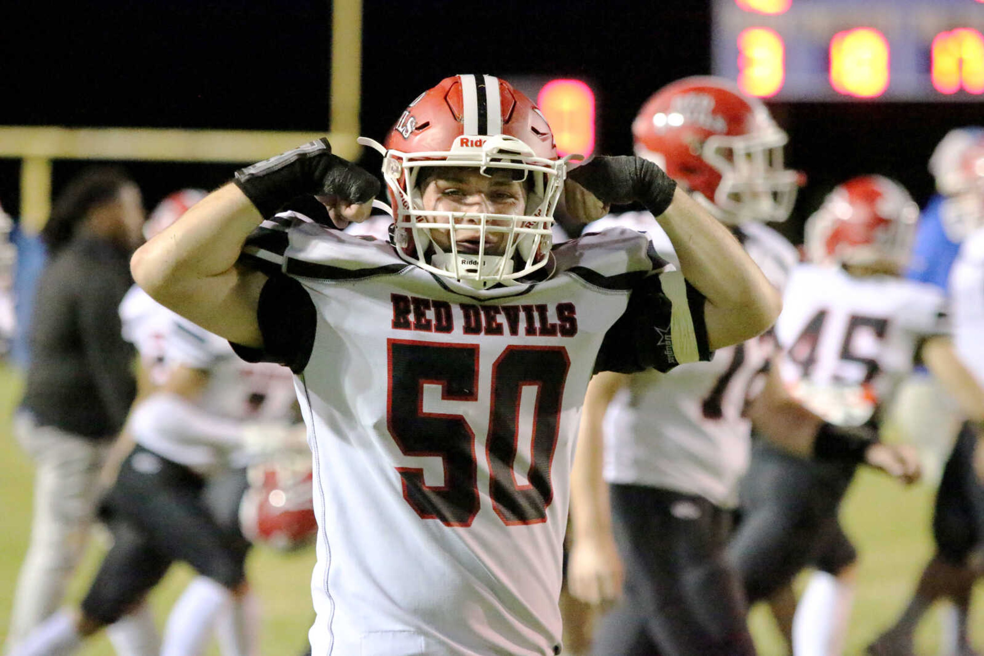 Chaffee's Levi Crowe (50) flexes after a&nbsp;14-12 win at John Harris Marshall Stadium in Charleston, Missouri on Thursday, August 31, 2023.&nbsp;