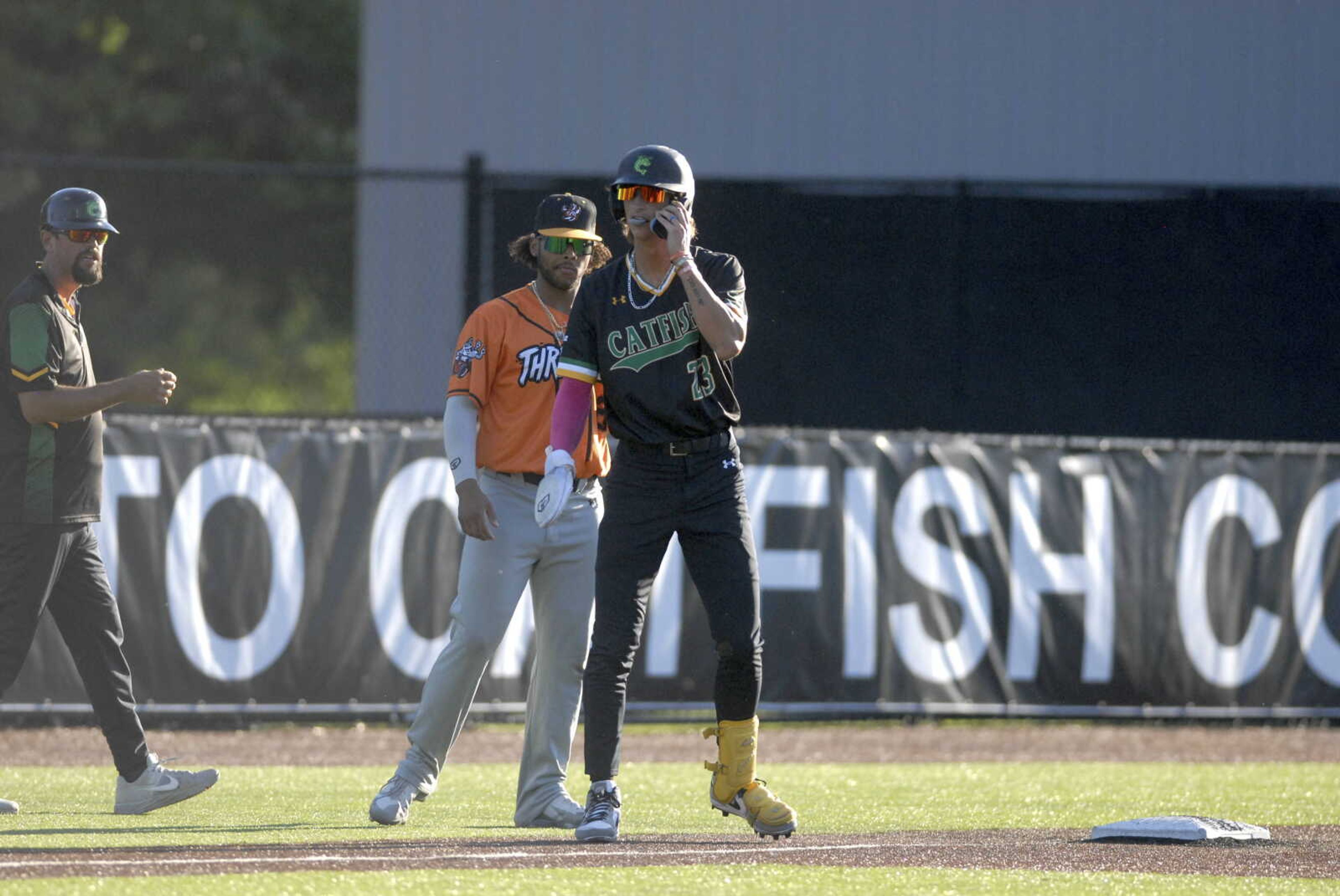 Cape's Lane Crowden stands on third after stealing a pair of bags during a Wednesday, June 12, 2024 game between the Cape Catfish and the Thrillville Thrillbillies at Capaha Field in Cape Girardeau, Mo. Thrillville defeated Cape, 7-6.