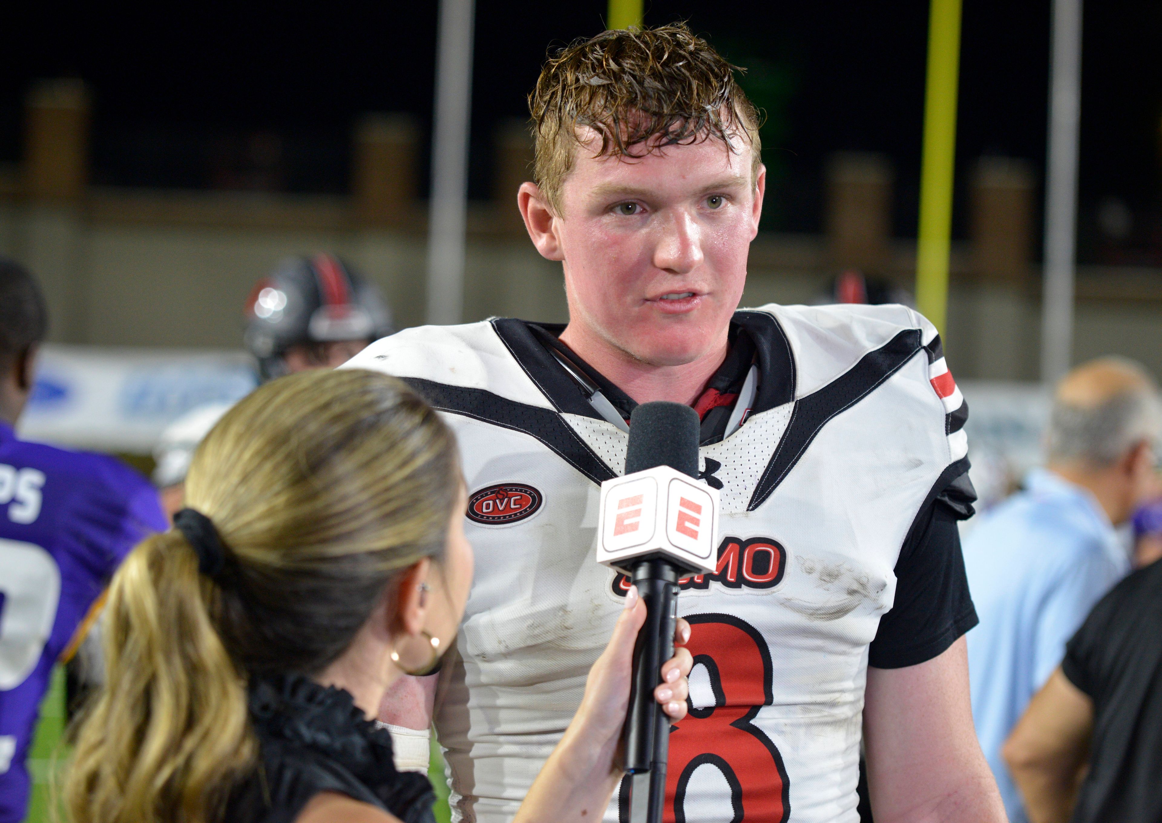 Southeast Missouri State quarterback Carter Hensley is interviewed by ESPN after an FCS Kickoff game against North Alabama on Saturday, August 24, in Montgomery, Alabama. 