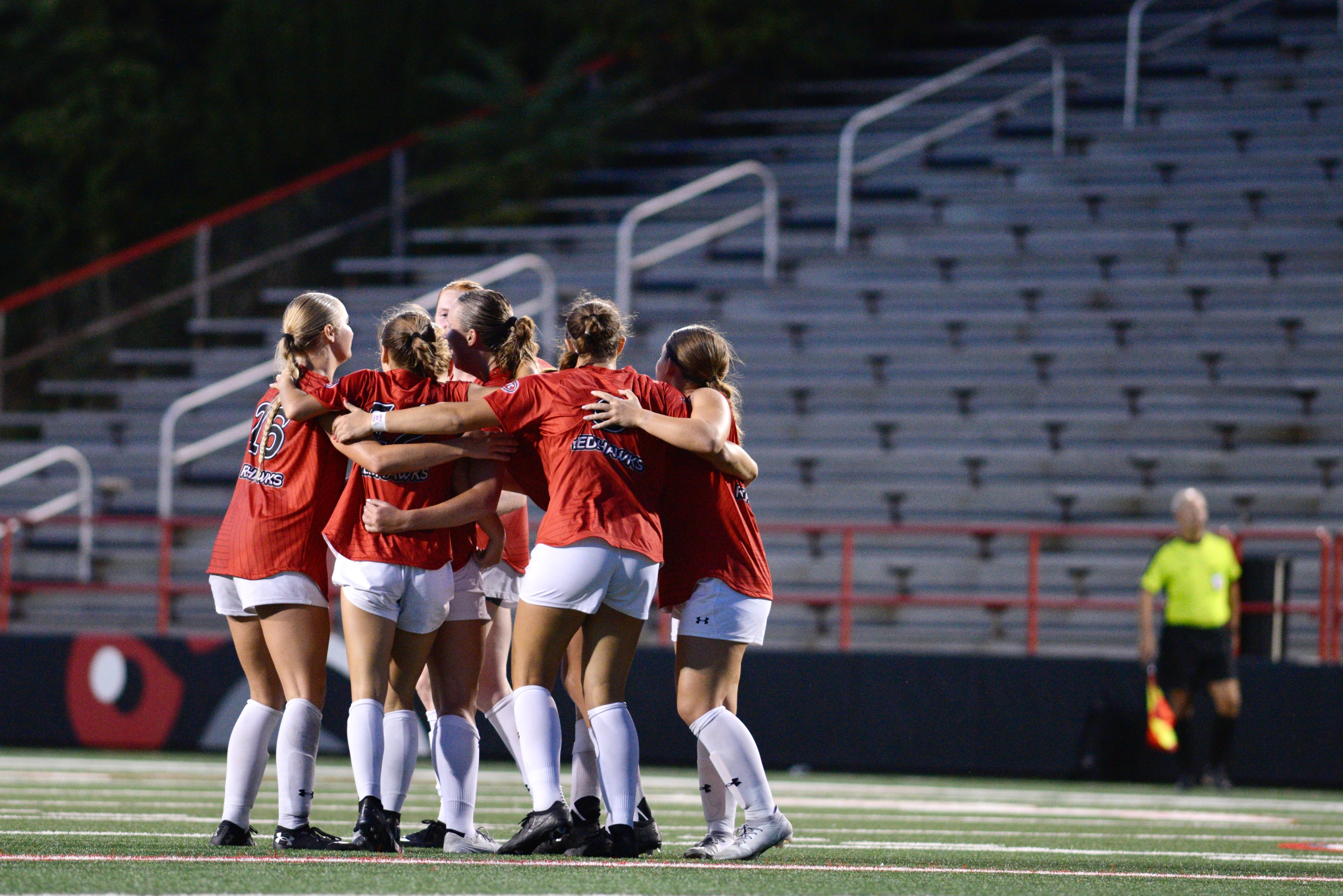 Southeast Missouri State players celebrate a goal scored during a soccer match against Murray State on Sunday, Aug. 18, at Houck Field. 