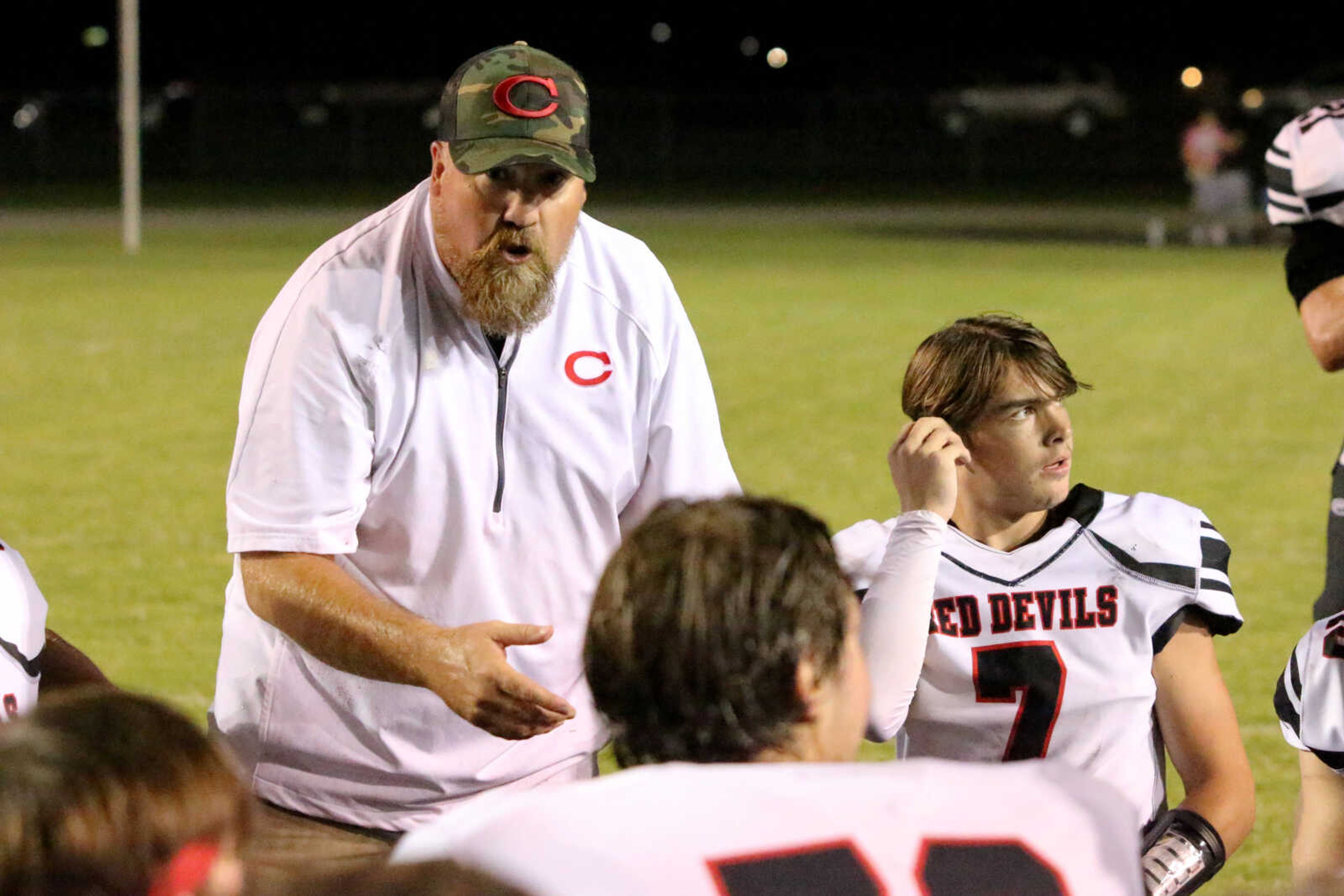 Chaffee coach&nbsp;Jack Atermatt talks to his team following&nbsp;a&nbsp;14-12 win at John Harris Marshall Stadium in Charleston, Missouri on Thursday, August 31, 2023.&nbsp;