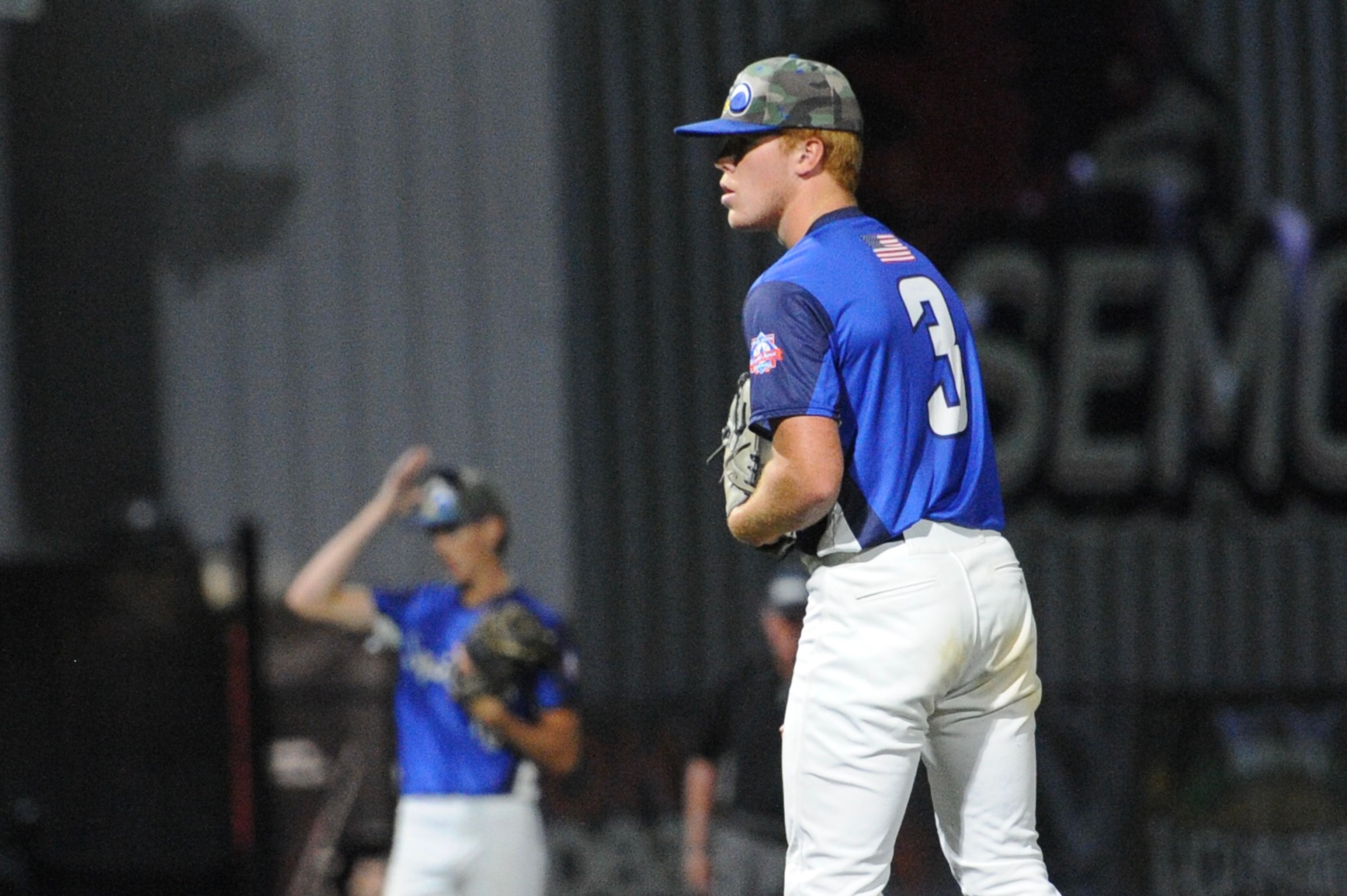 Aycorp's Peyton Hodges stares down his catcher during a Saturday, August 10, 2024 Babe Ruth World Series game between the Aycorp Fighting Squirrels and Manassas, Virginia, at Capaha Field in Cape Girardeau, Mo. Aycorp defeated Manassas, 3-1.