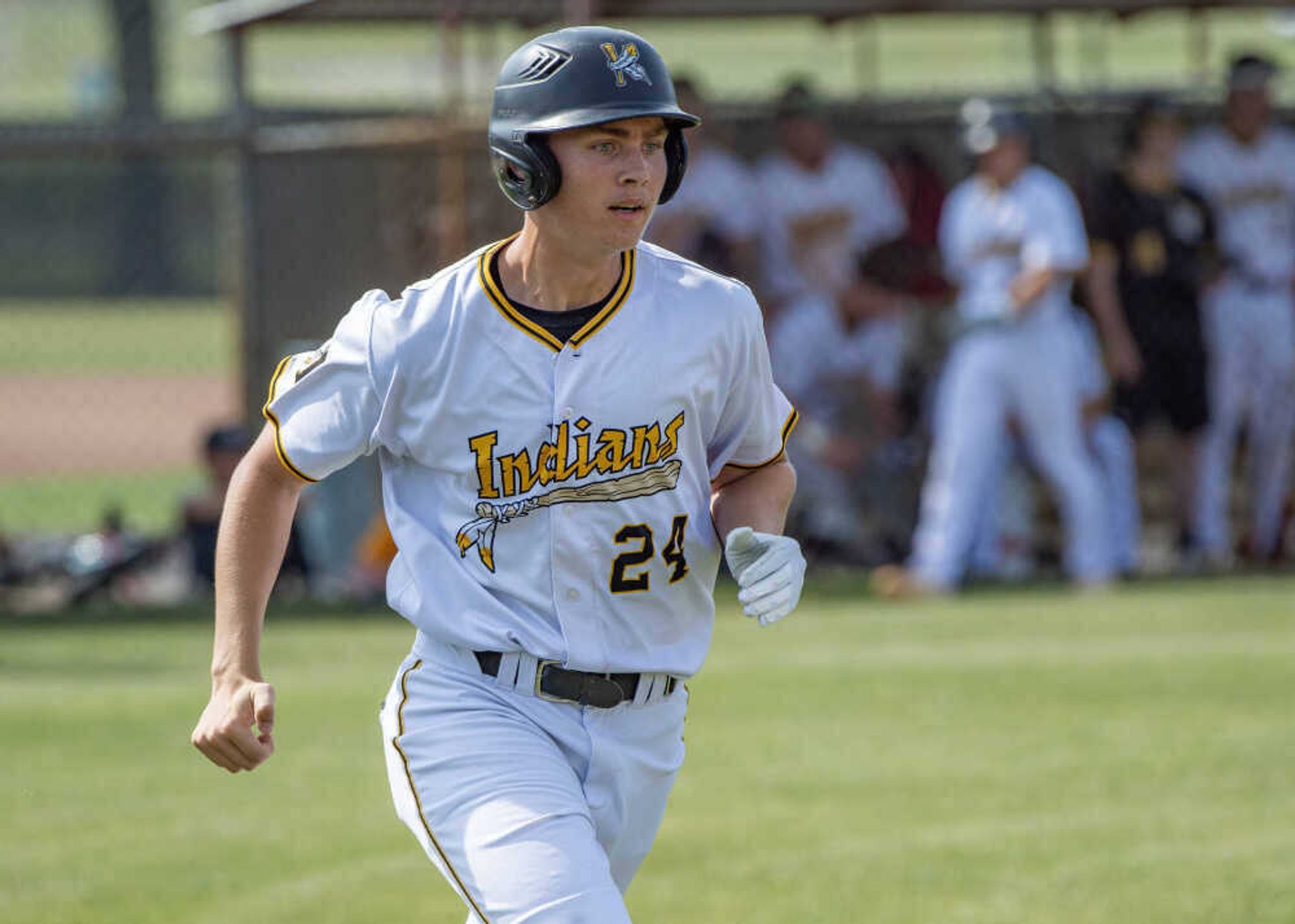 Kennett's Peyton Branum runs to first base in a game against Potosi on Tuesday, May 23, 2023.